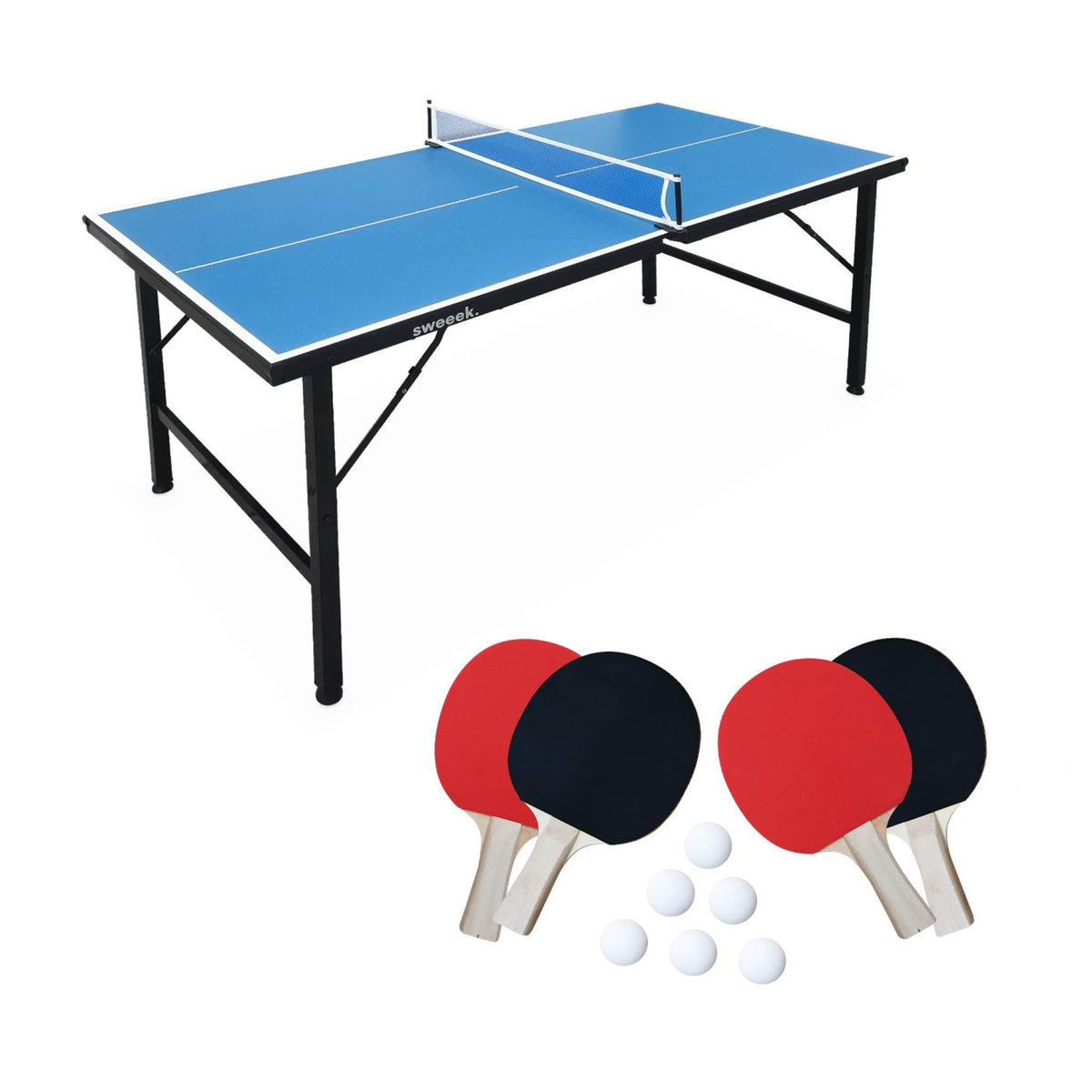 SWEEEK Mini table de ping pong 150x75cm - table pliable INDOOR bleue. avec 4 raquettes et 6 balles