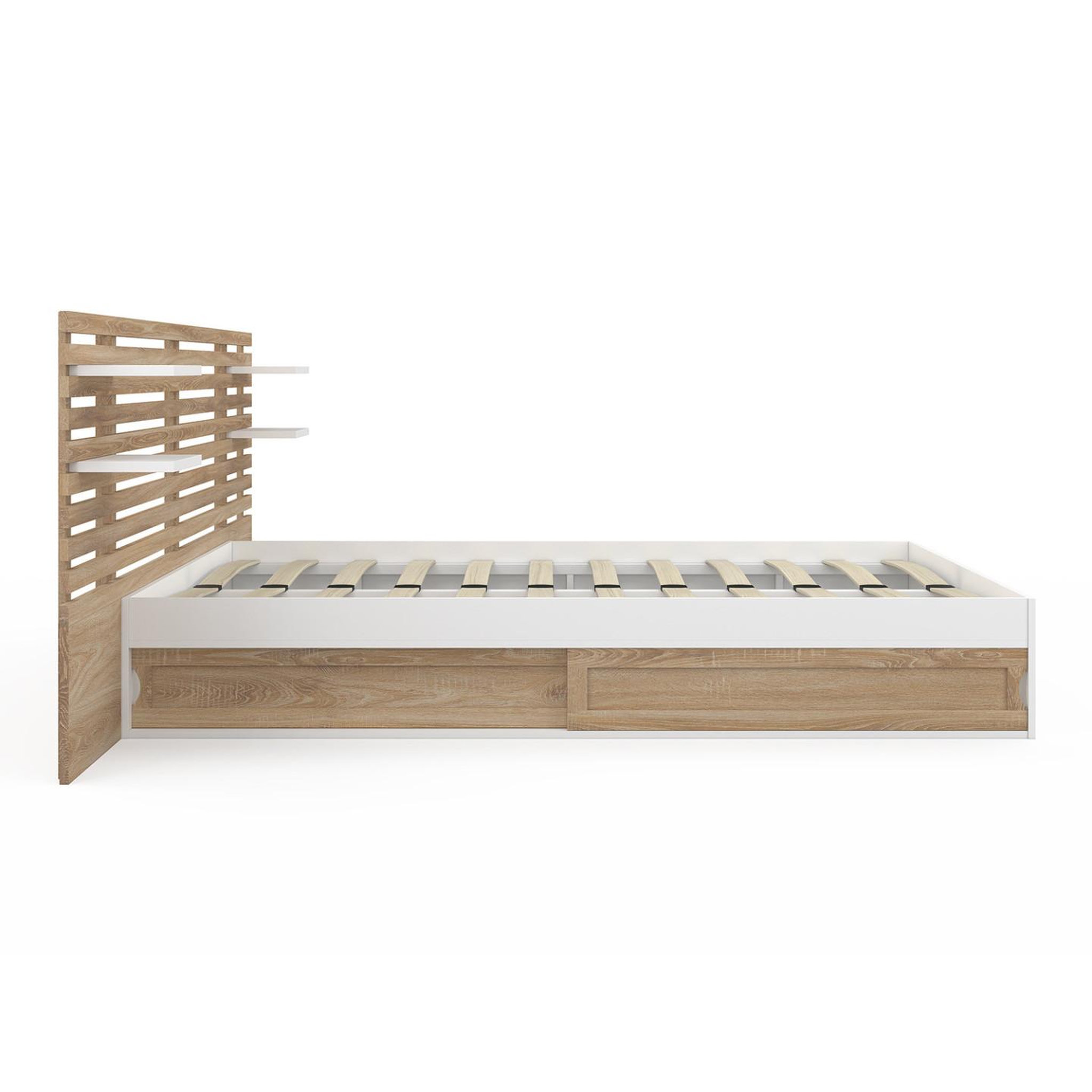 Voir la diapositive 4 : ID MARKET Lit double savana avec tête de lit, chevets, rangements et sommier 140 x 190 cm hêtre et blanc