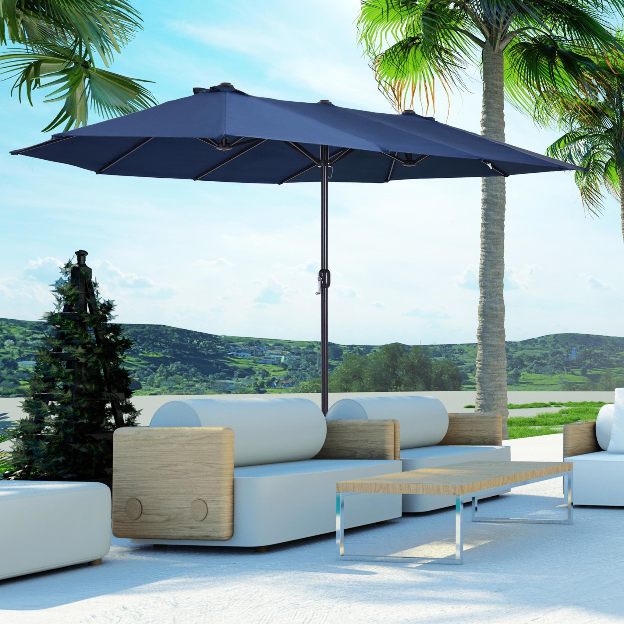 Voir la diapositive 2 : OUTSUNNY Parasol de jardin XXL parasol grande taille 4,6L x 2,7l x 2,4H m ouverture fermeture manivelle acier polyester haute densité bleu