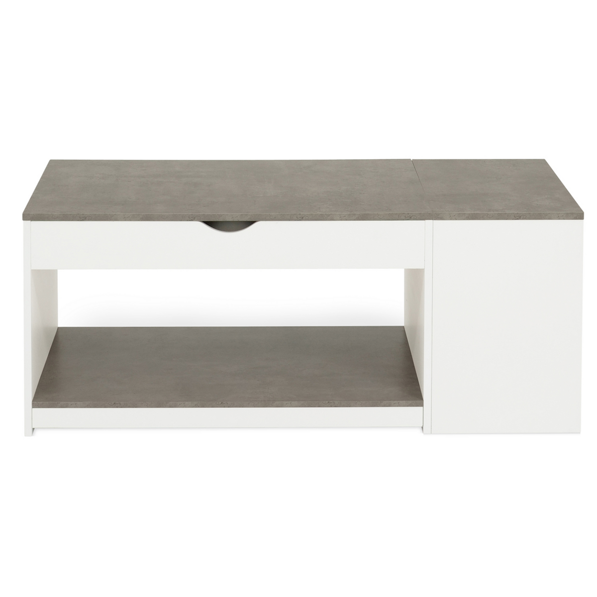 ID MARKET Table basse plateau relevable rectangulaire ELEA avec coffre bois blanc et effet béton