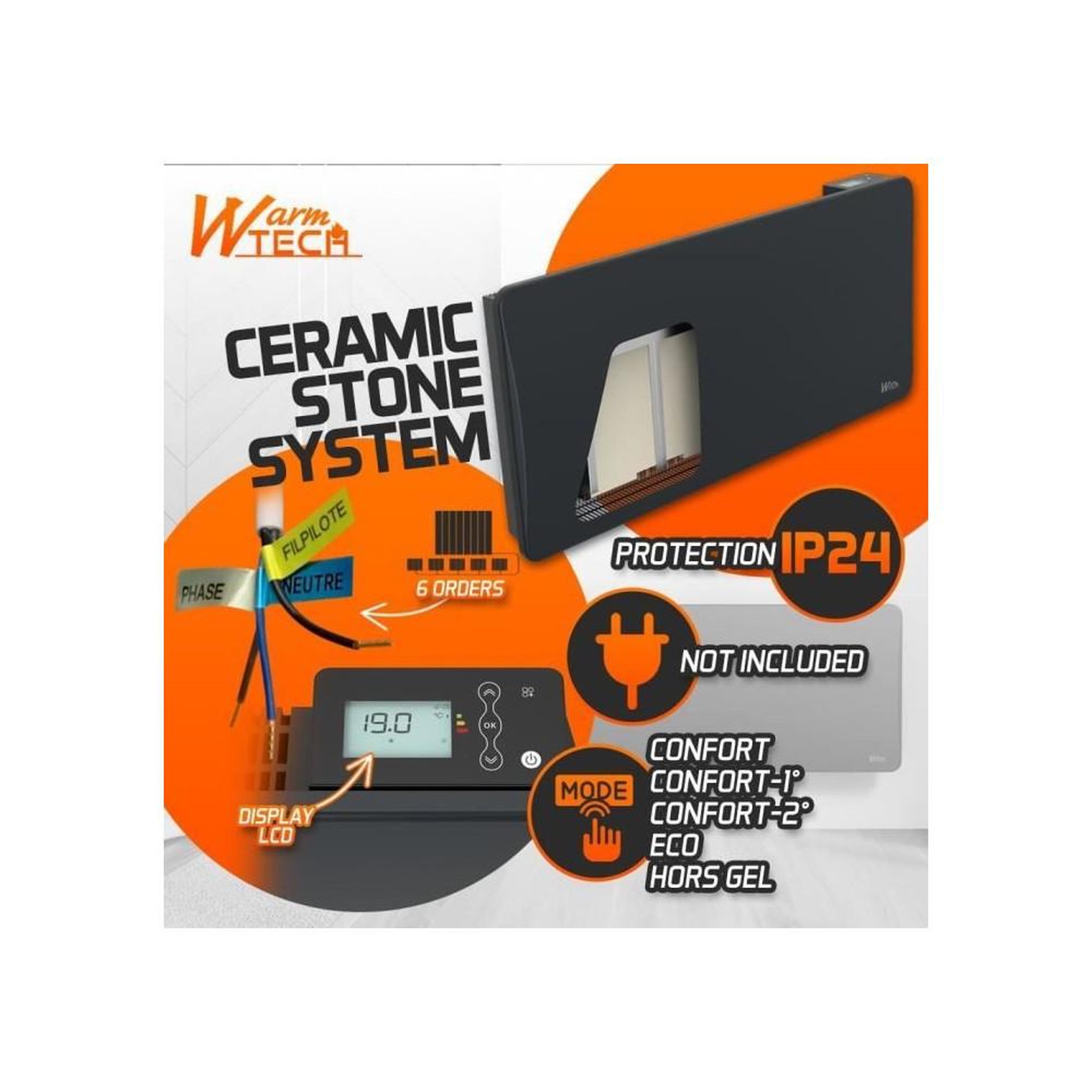 Voir la diapositive 3 : Warmtech Radiateur fixe à inertie céramique WTZEUS20-N 2000 W noir, pilotage fil pilote 6 ordres, thermostat LCD, détection fenêtre ouverte, IP24