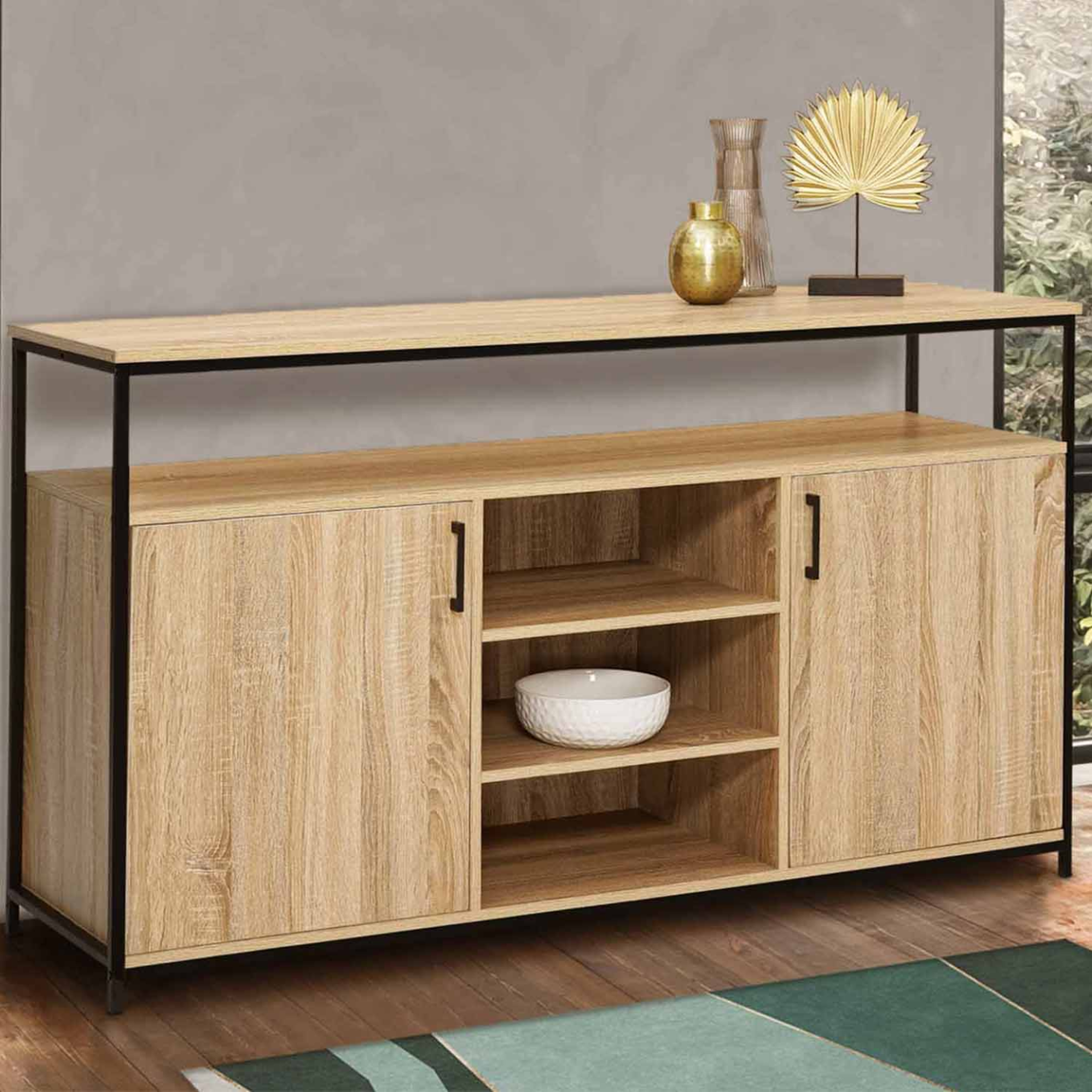 Voir la diapositive 2 : ID MARKET Buffet 140 cm detroit 2 portes et 3 étagères design industriel