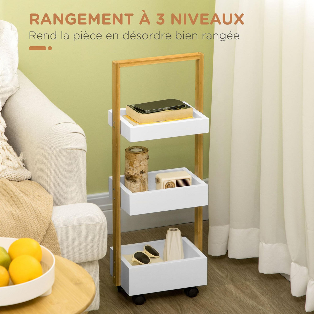 HOMCOM Desserte chariot de service 3 compartiments MDF blanc structure bois de bambou verni