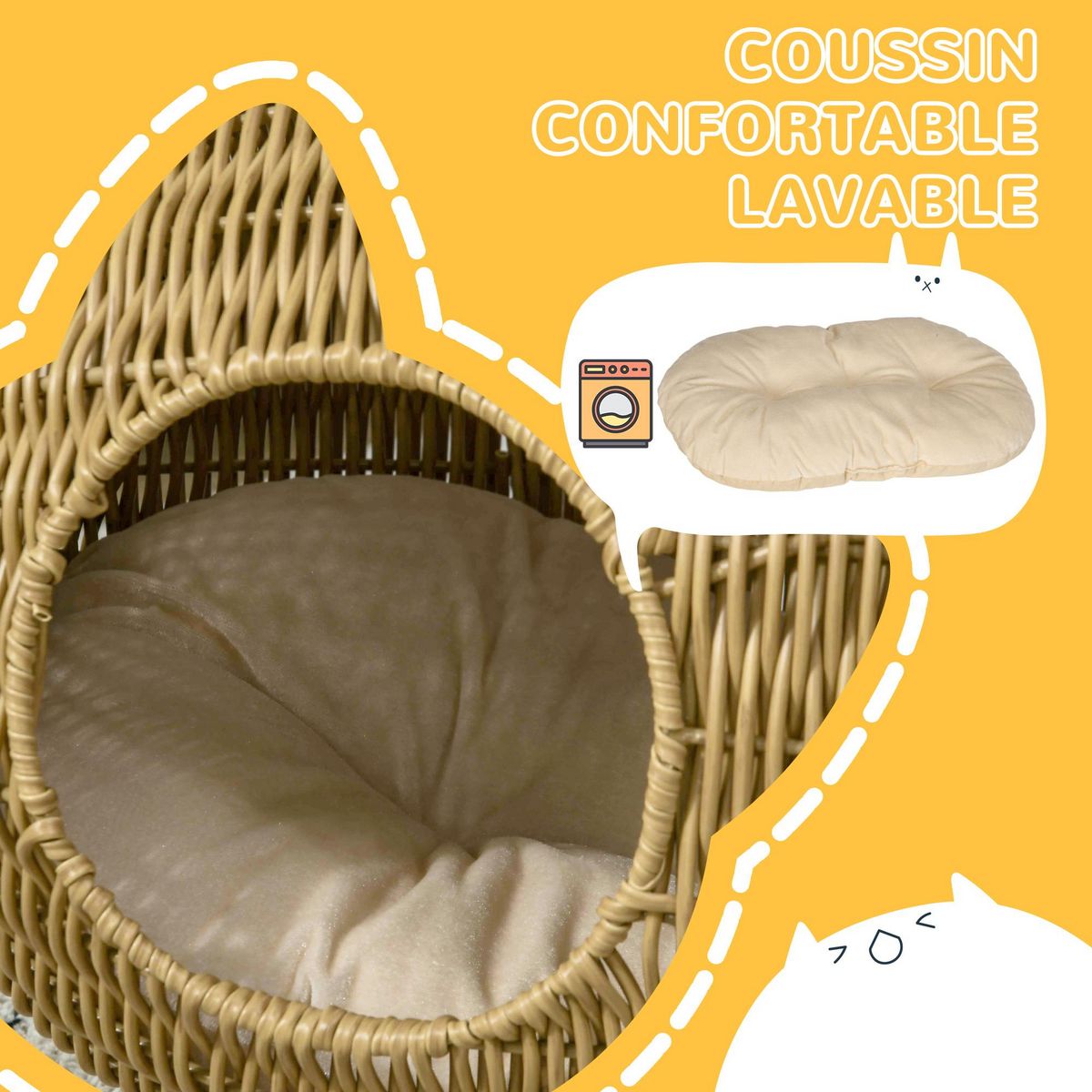 PAWHUT Panier pour chat en résine tressée imitation rotin grand confort dim. 55L x 36l x 42H cm coussin moelleux beige inclus