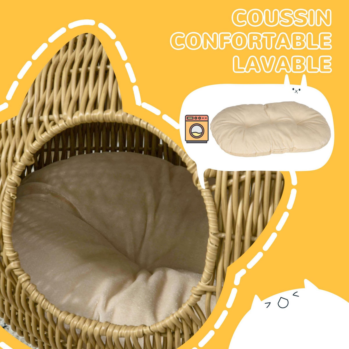 PAWHUT Panier pour chat en résine tressée imitation rotin grand confort dim. 55L x 36l x 42H cm coussin moelleux beige inclus
