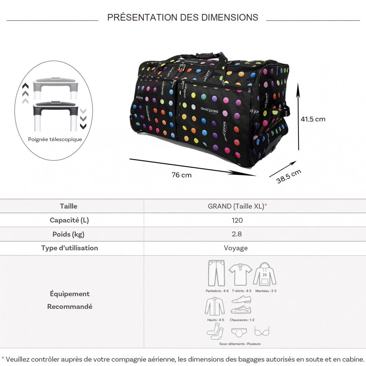 David Jones Sac de voyage avec roulettes 120L grand volume 76cm