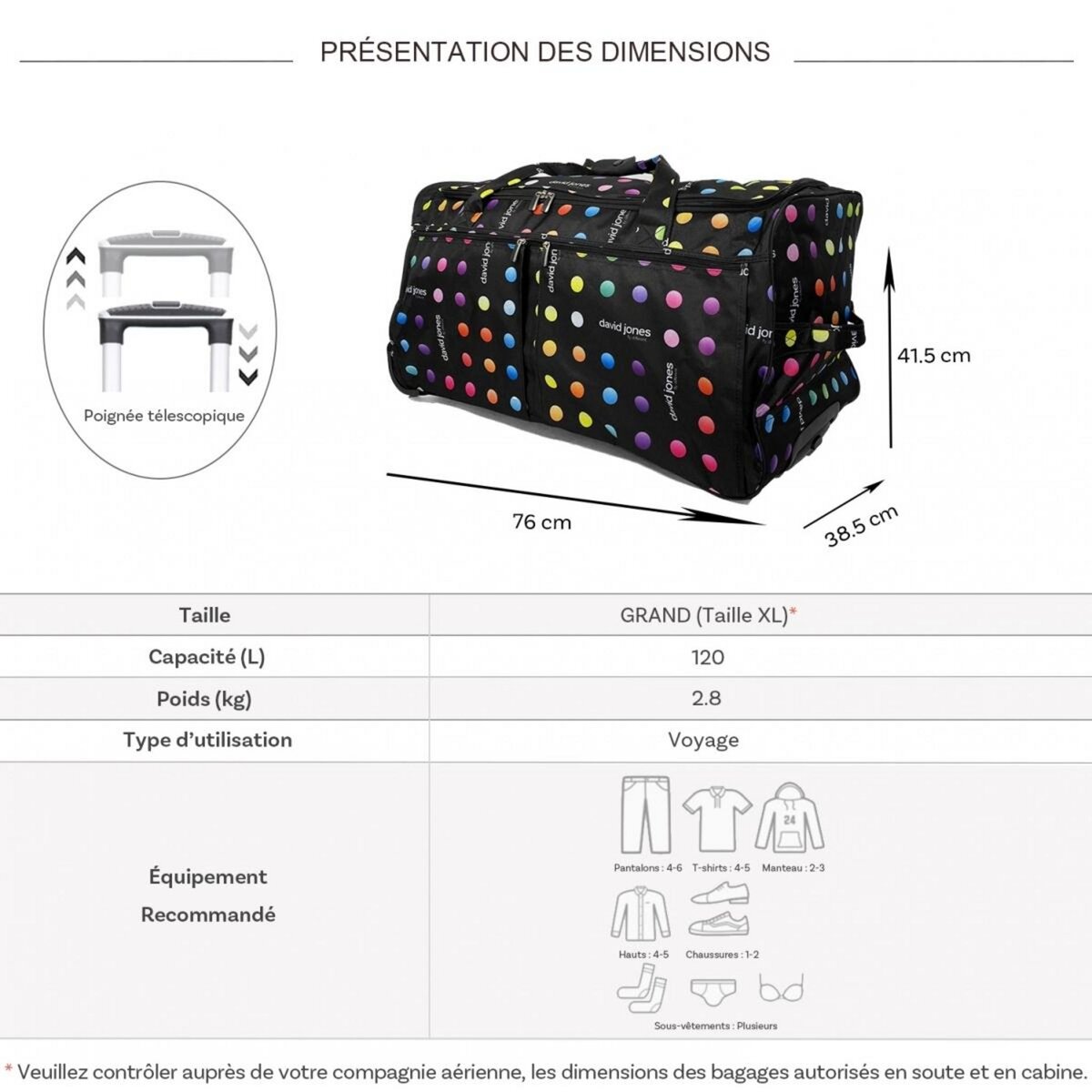 David Jones Sac de voyage avec roulettes 120L grand volume 76cm