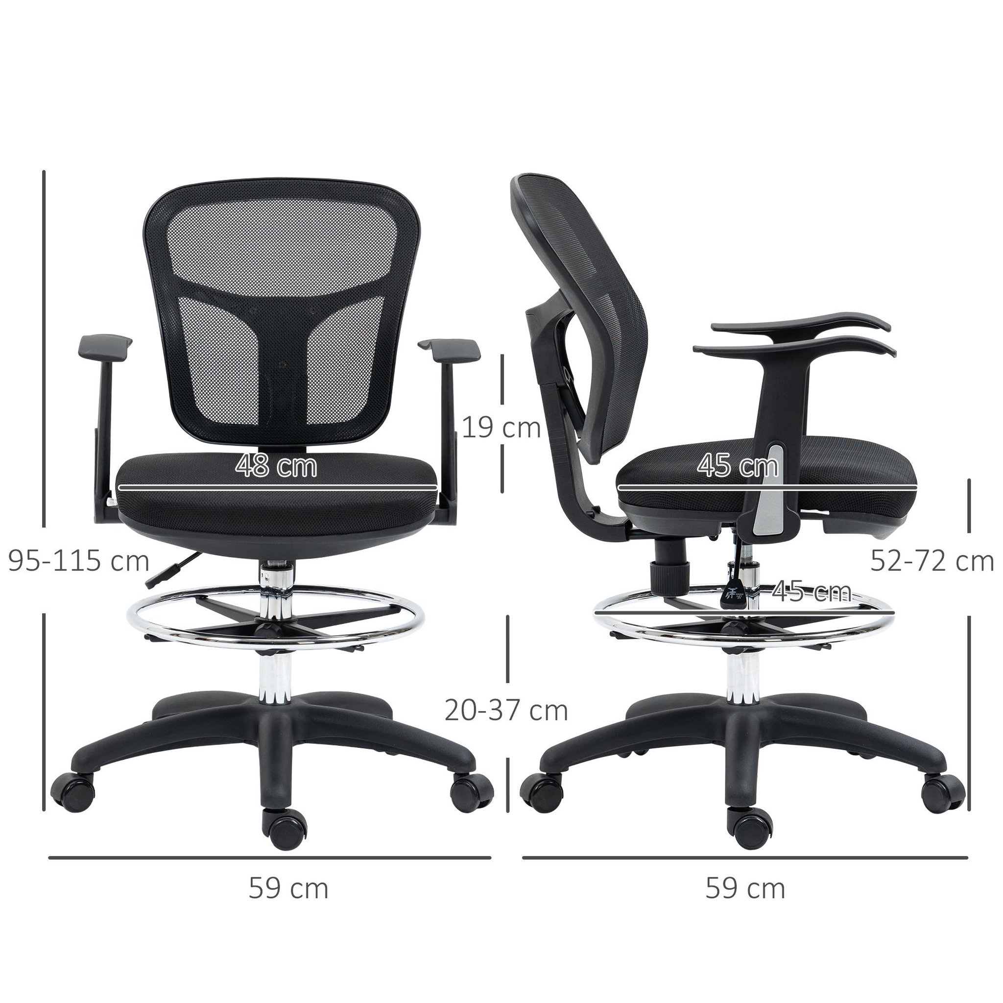 Voir la diapositive 3 : VINSETTO Fauteuil de bureau chaise de bureau assise haute réglable dim. 59L x 59l x 95-115H cm pivotant 360° maille respirante noir