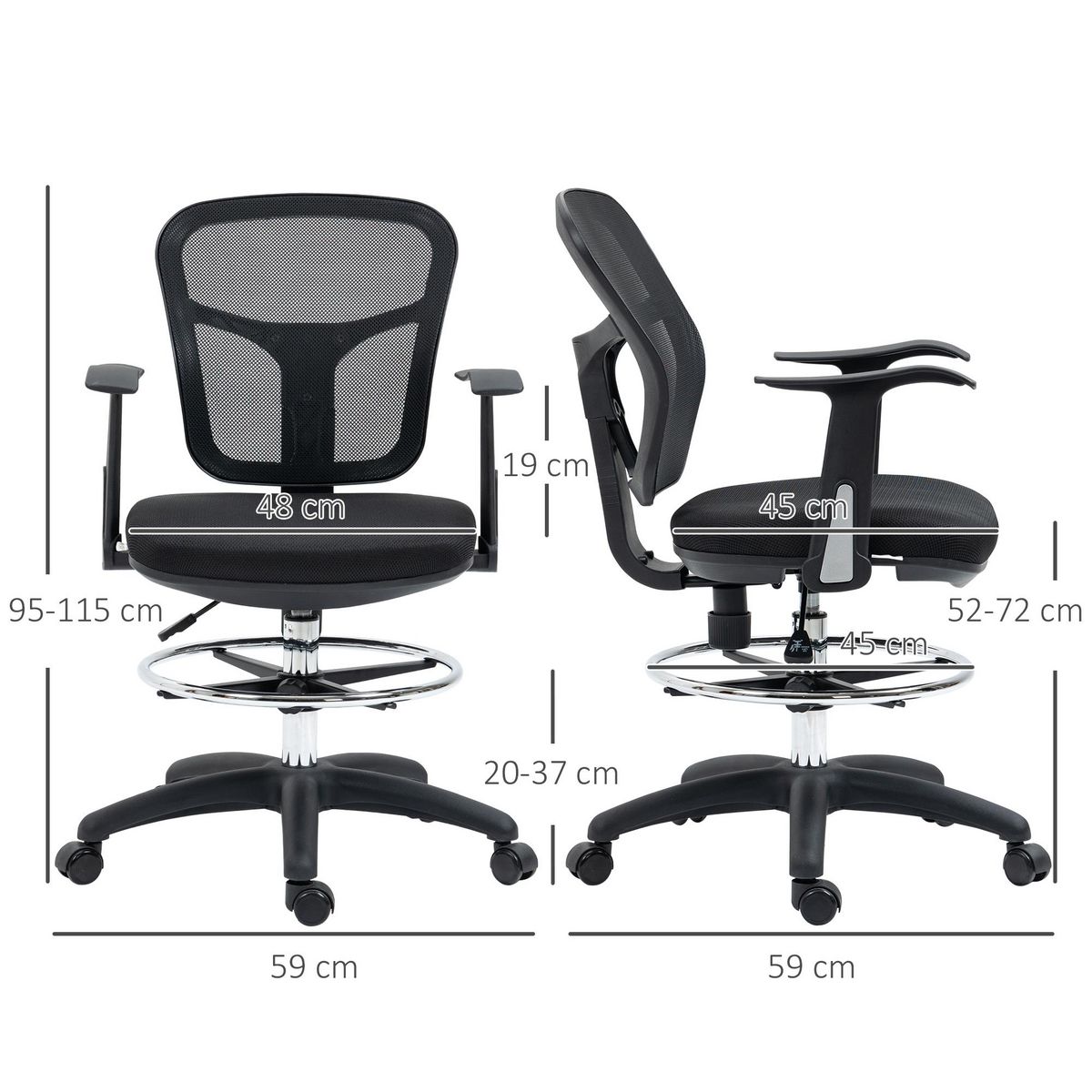 VINSETTO Fauteuil de bureau chaise de bureau assise haute réglable dim. 59L x 59l x 95-115H cm pivotant 360° maille respirante noir