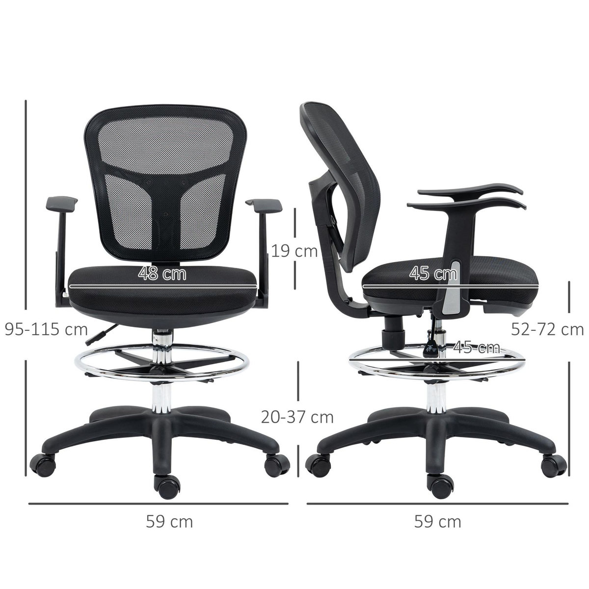 VINSETTO Fauteuil de bureau chaise de bureau assise haute réglable dim. 59L x 59l x 95-115H cm pivotant 360° maille respirante noir