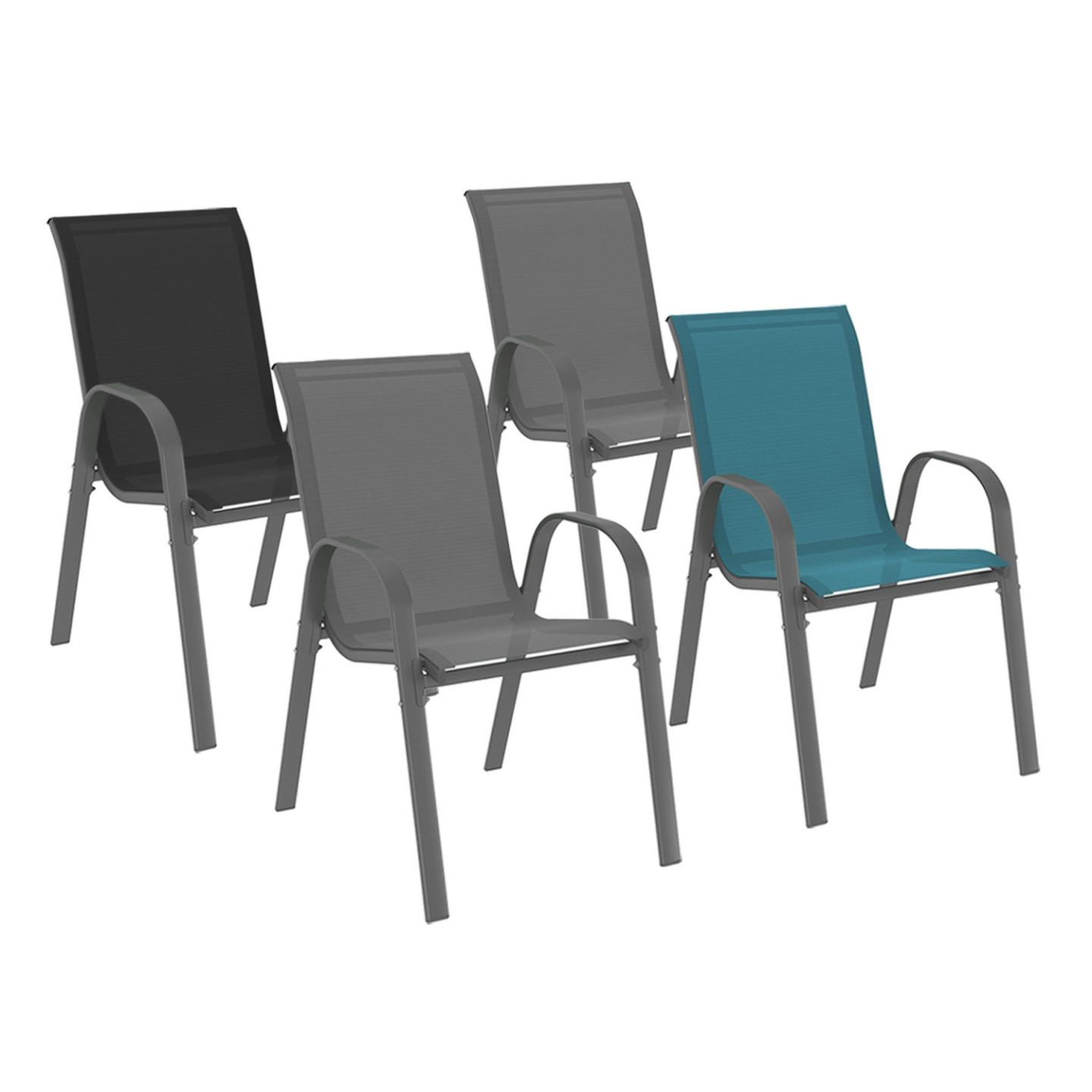 ID MARKET Lot de 4 chaises de jardin lyma métal et textilène empilables mix color gris, noir et bleu