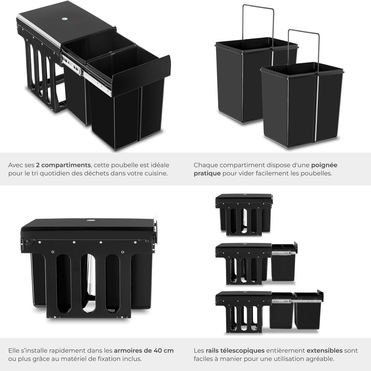 tectake Poubelle de tri 2 compartiments de 15 L chacun noir