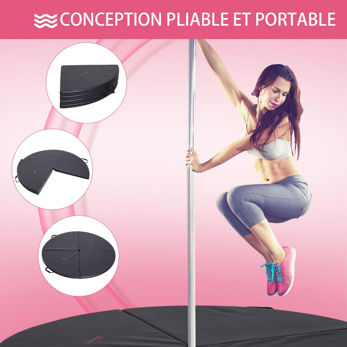 HOMCOM Tapis de pole dance pliable - pole dance mat - tapis de protection Ø 150 cm épaisseur 5 cm - revêtement PVC noir