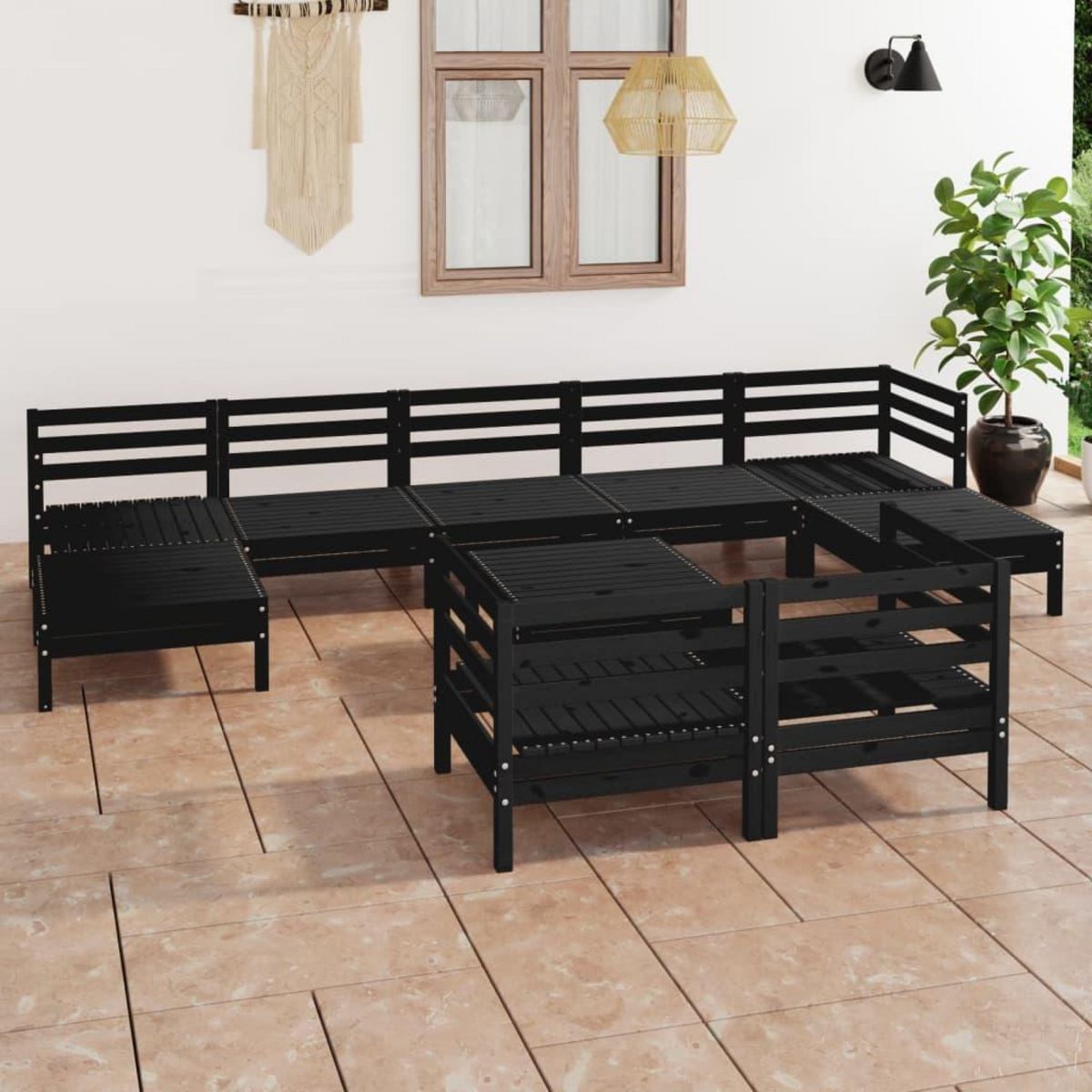 VIDAXL Salon de jardin 10 pcs Noir Bois de pin massif
