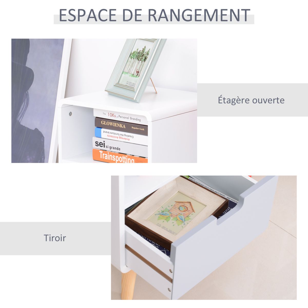 HOMCOM Chevet table de nuit design scandinave 40L x 38l x 58H cm tiroir + niche bois massif pin MDF blanc bleu gris