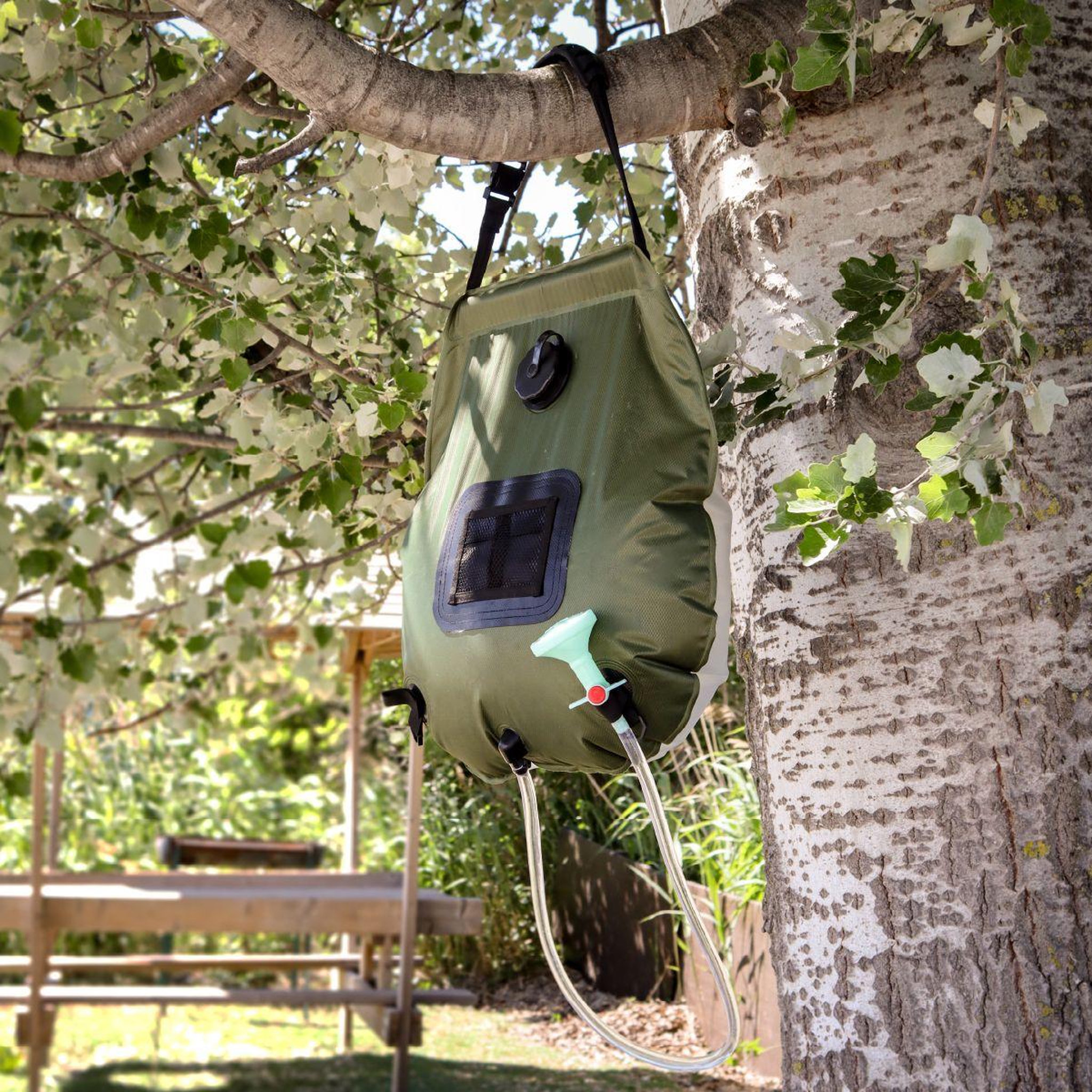 Voir la diapositive 4 : LINXOR Sac de douche solaire 20 L pour camping ou jardin - Vert kaki
