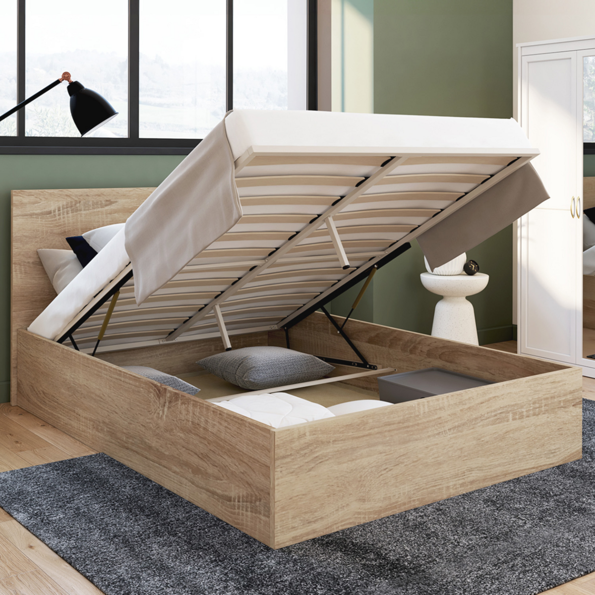 ID MARKET Lit coffre double SEASIDE avec tête de lit et sommier 140x190 cm façon hêtre