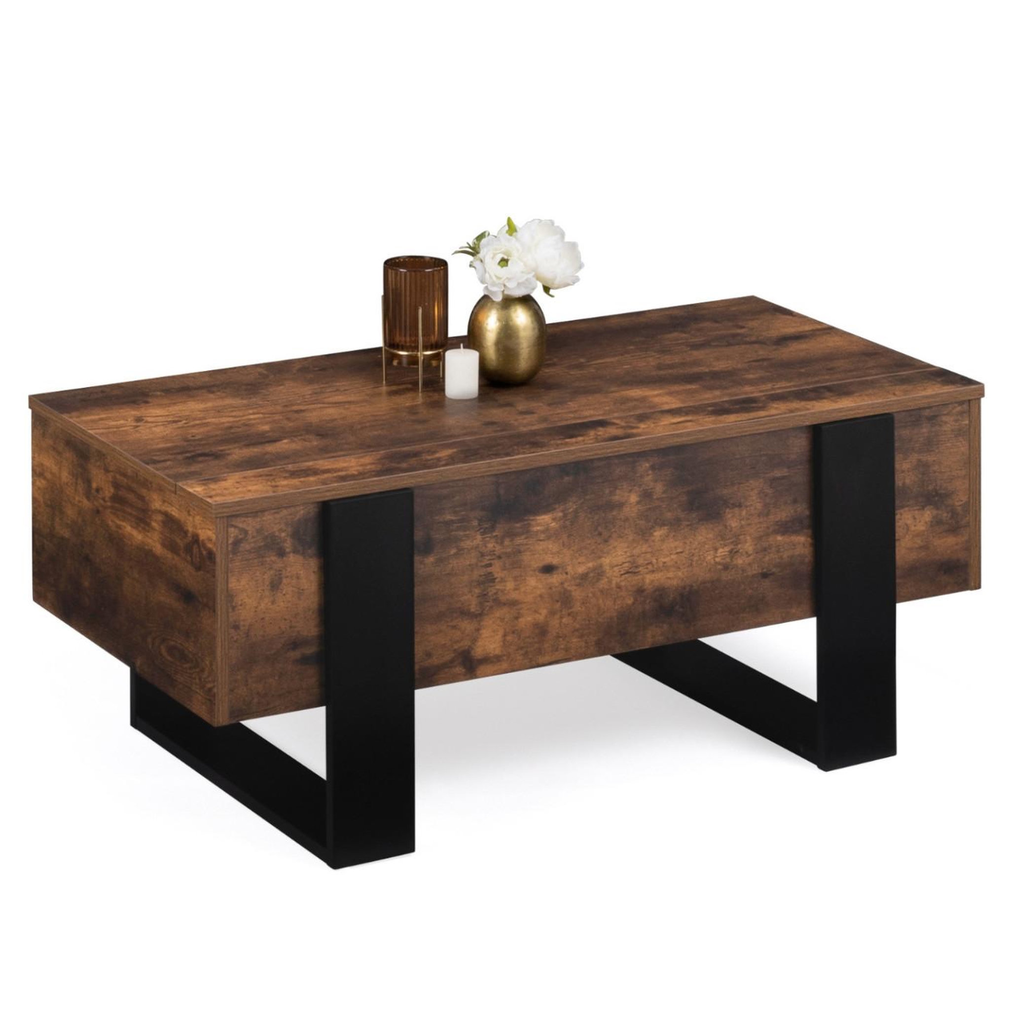 Voir la diapositive 4 : ID MARKET Table basse plateau relevable rectangulaire phoenix bois effet vieilli et noir