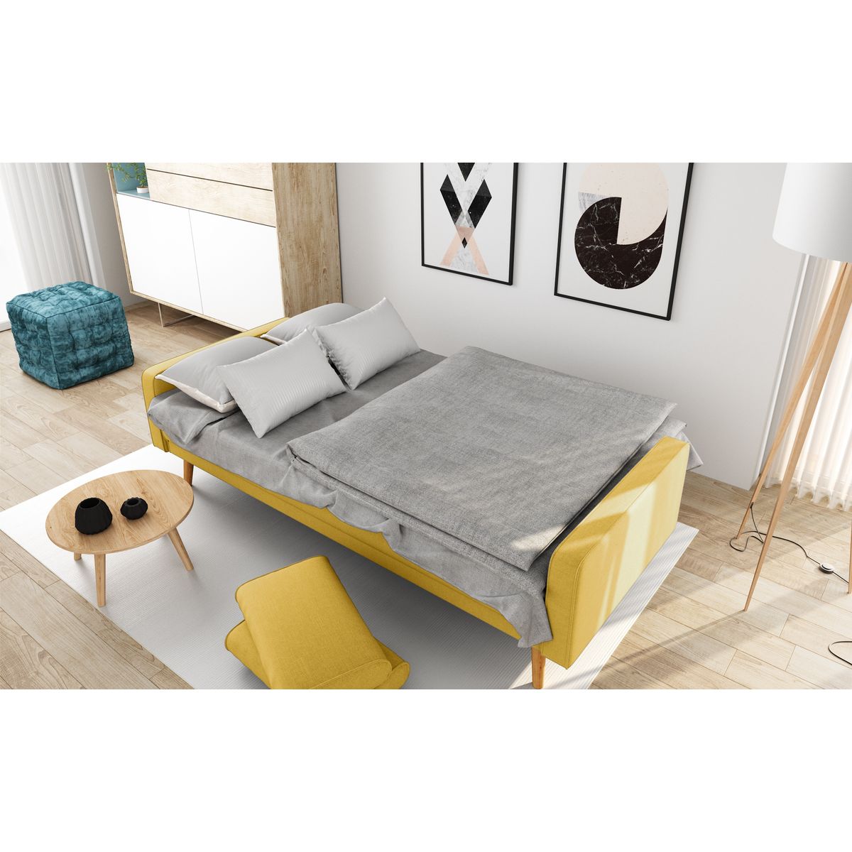 Canapé 3 places scandinave convertible NOVA, assise tissu pieds en bois