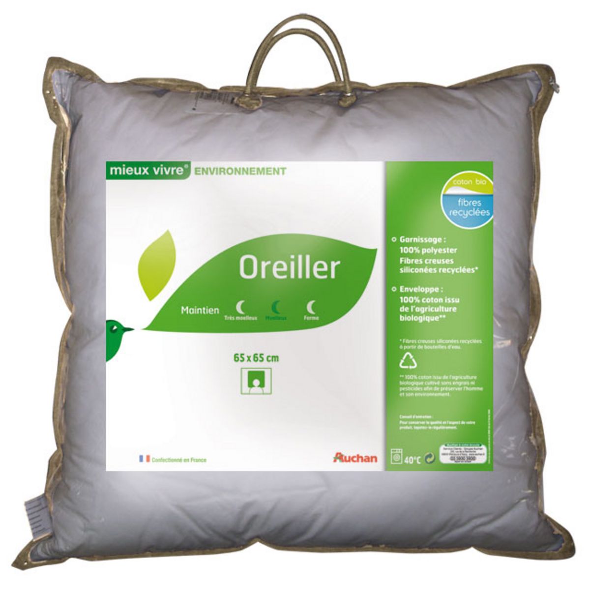 AUCHAN Oreiller Auchan Mieux vivre coton bio