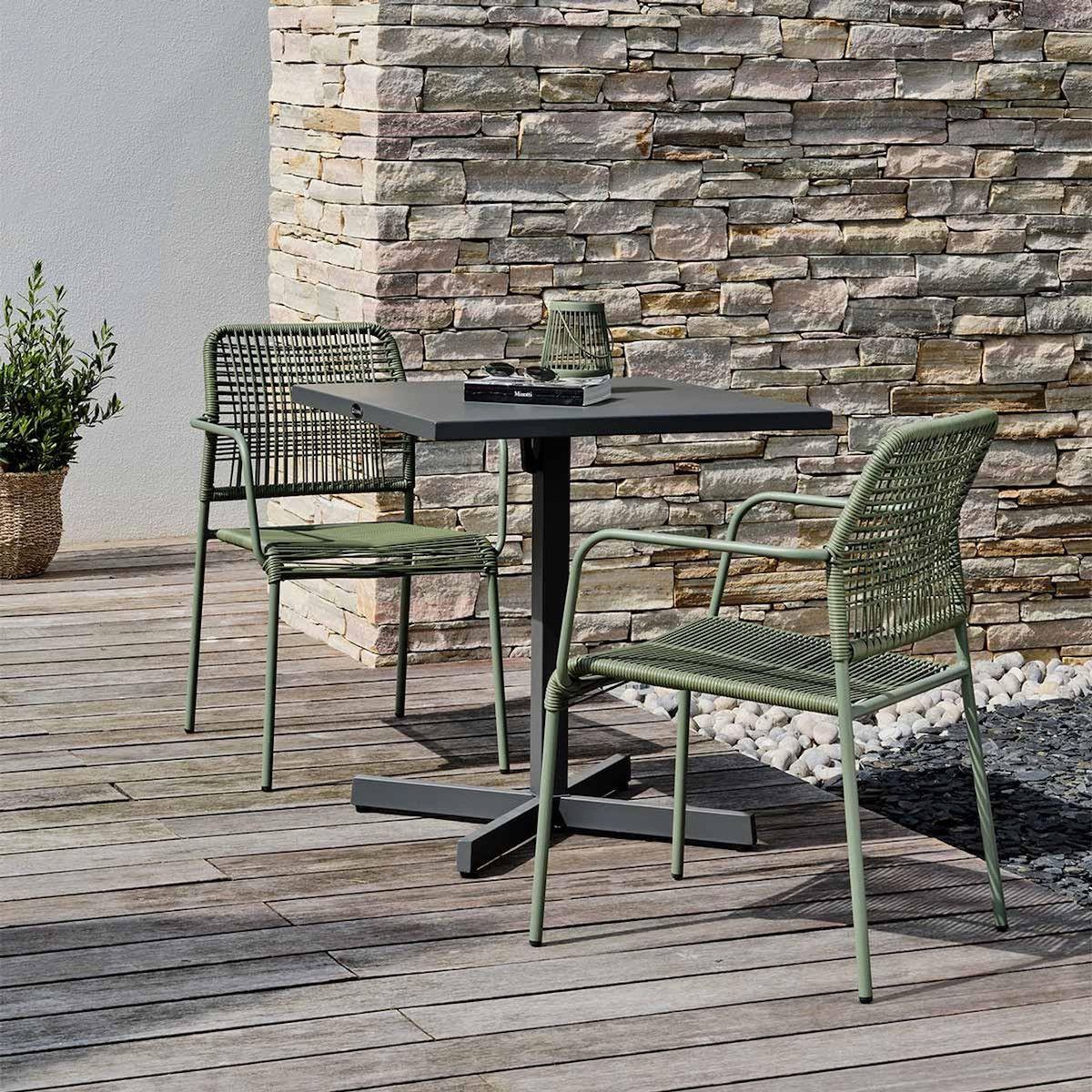 Paris Prix Ensemble Table de jardin & 2 Fauteuils  Louise & Marceau  74cm Anthracite & Vert Olive