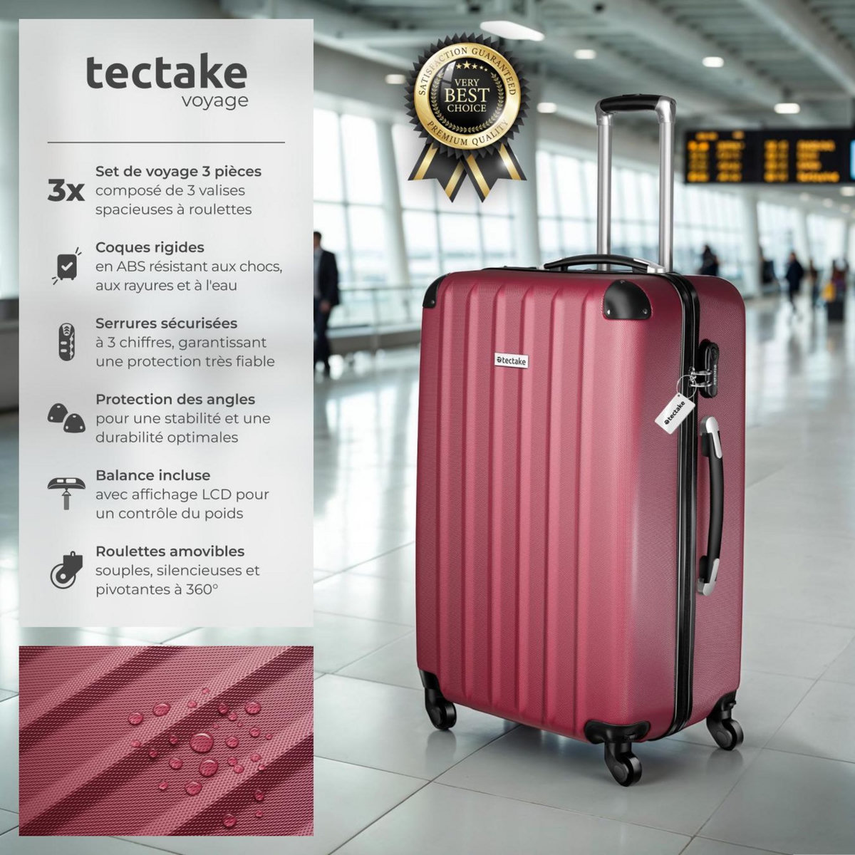 tectake Ensemble de 3 valises 3 pièces en ABS robuste, balance à bagages et étiquette rouge bordeaux