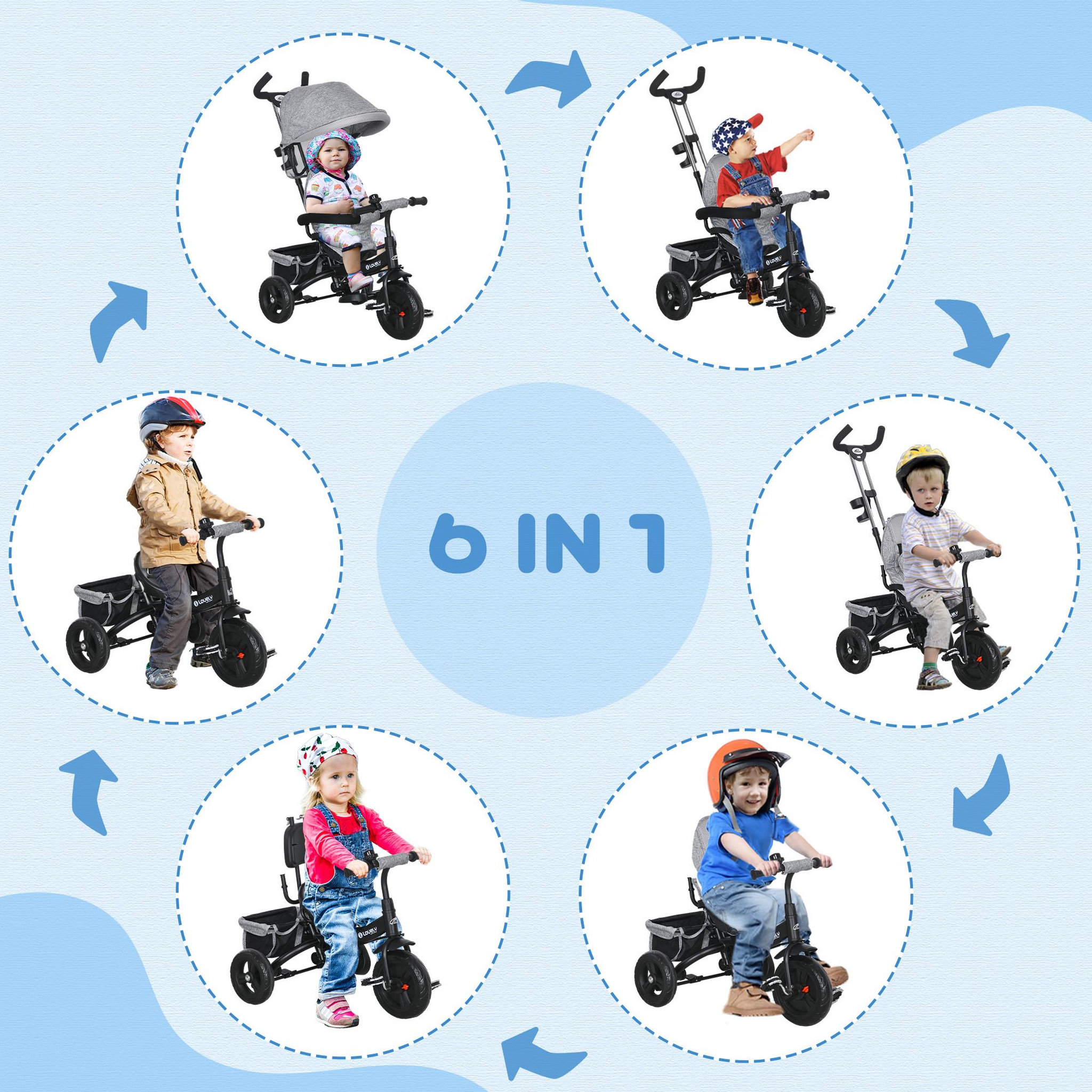 Voir la diapositive 4 : HOMCOM Tricycle enfant évolutif pare-soleil pliable canne télescopique amovible acier gris