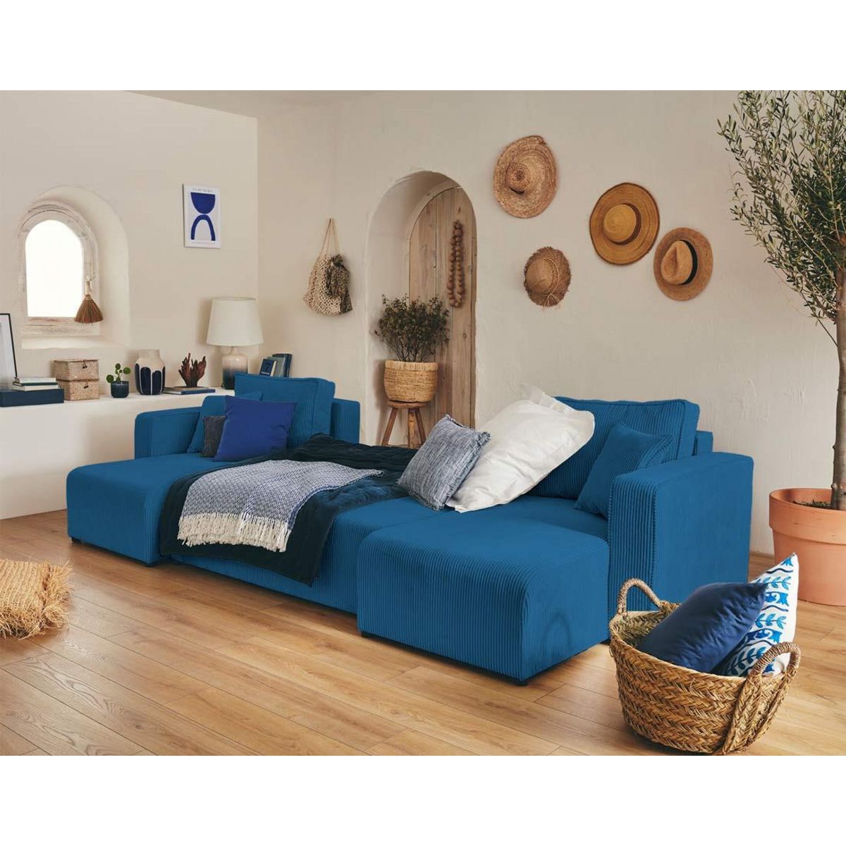 BEST MOBILIER Topaze - canapé panoramique en u - 7 places - convertible avec coffre - en velours côtelé