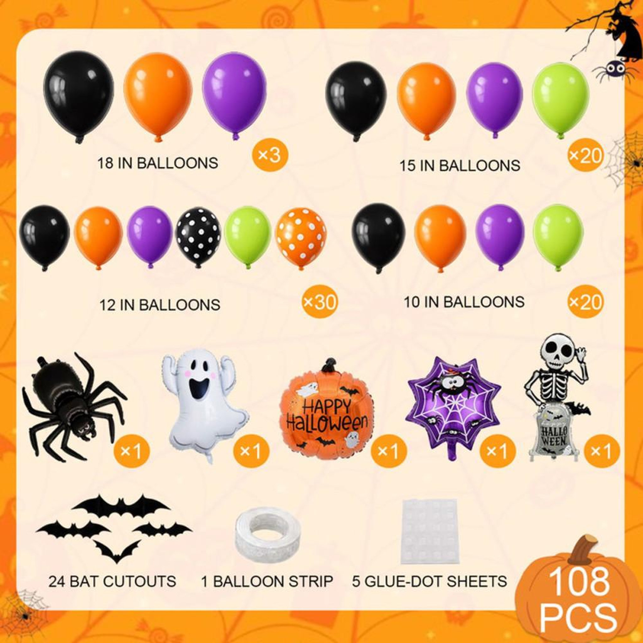 Voir la diapositive 2 : Décoration fête Halloween avec ballons 108 pièces, noir, orange, violet et vert, chauves-souris et panneaux  Happy Halloween