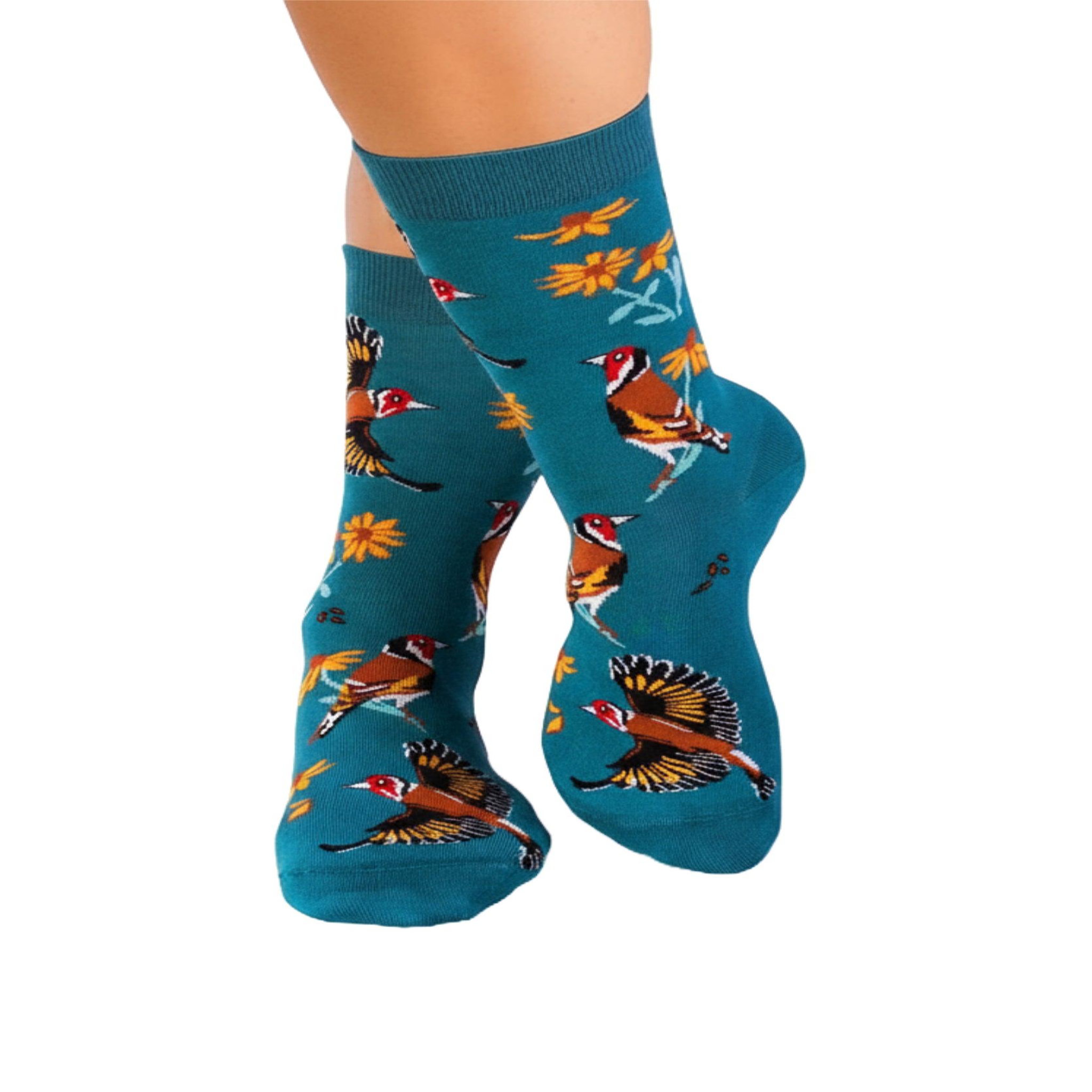 PIRIN HILL Chaussettes en bambou oiseaux & fleurs - bleu pétrole. Coloris disponibles : Bleu