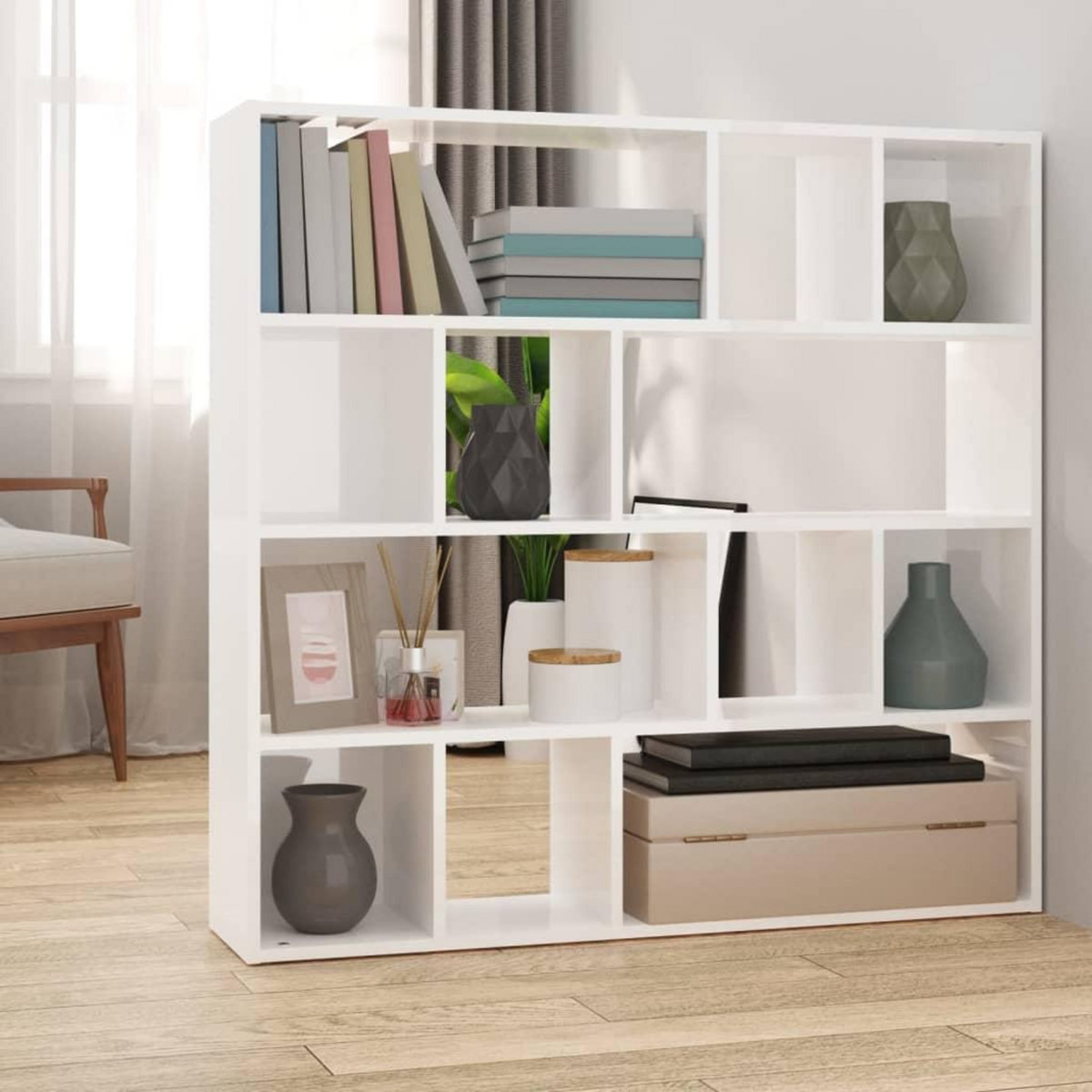 VIDAXL Bibliotheque/Separateur de piece Blanc brillant 105x24x102 cm