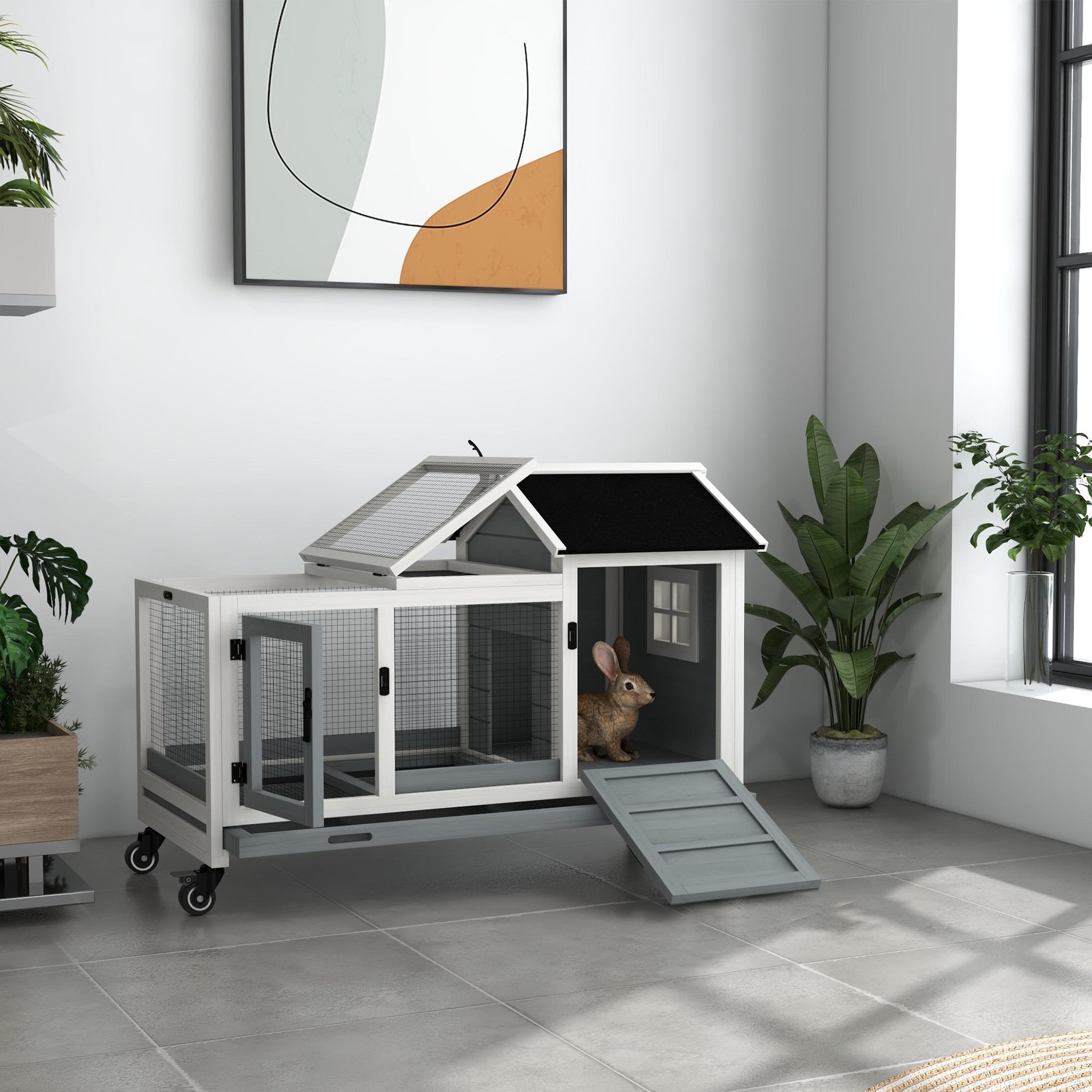 Voir la diapositive 2 : PAWHUT Clapier à lapin sur roulettes cage à lapin porte, rampe trappe verrouillables toit ouvrant niche bois sapin acier gris blanc