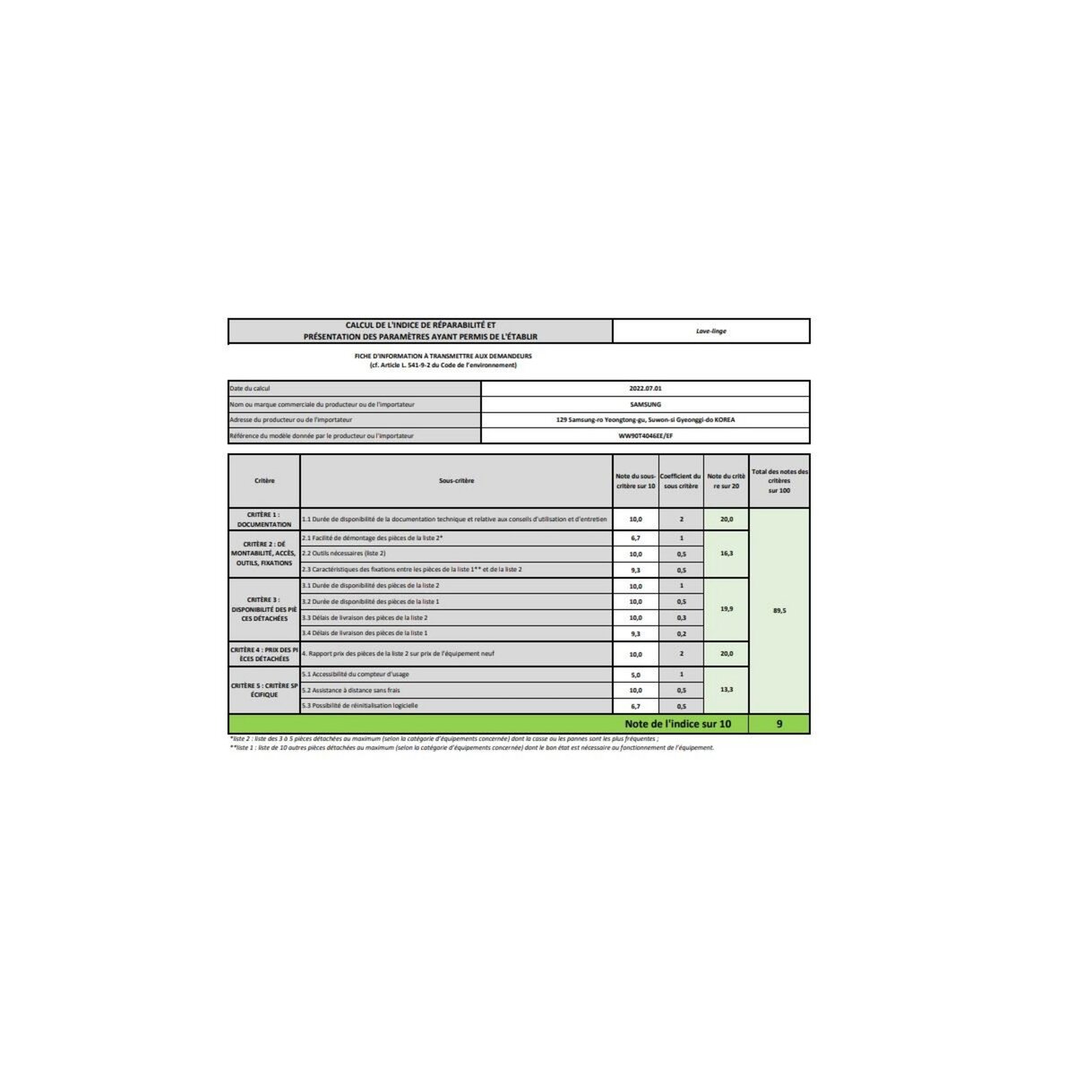 Samsung Lave-linge frontal 9kg 1400 tours/min - WW90T4046EE