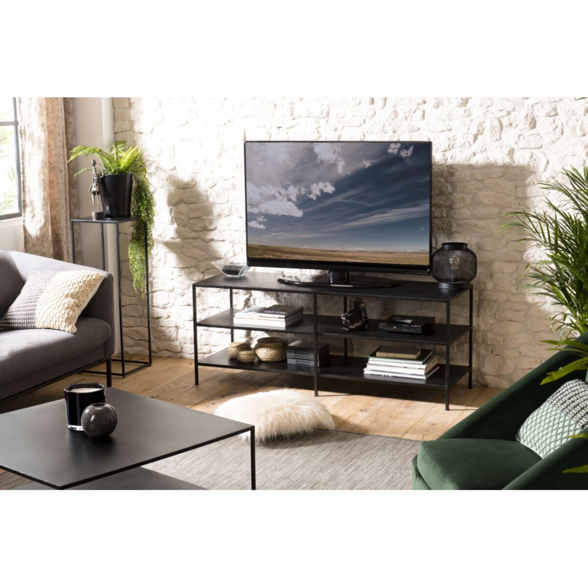 MACABANE ROBIN - Meuble TV noir 2 étagères métal industriel pas cher 