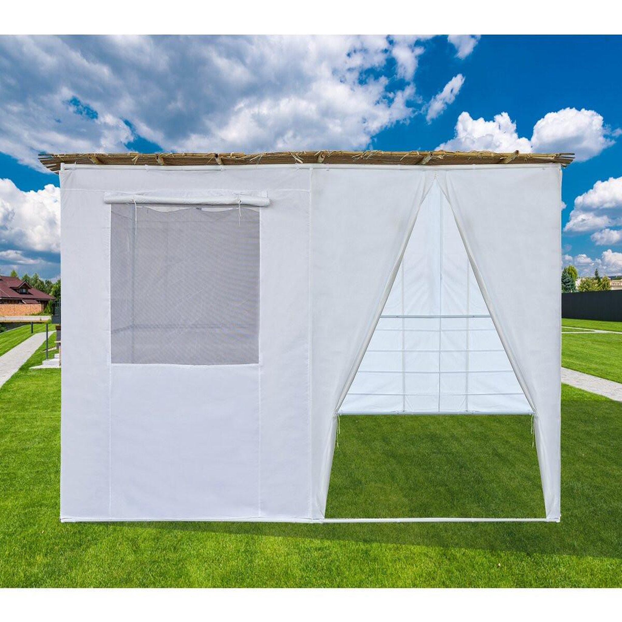 Voir la diapositive 2 : Habitat et Jardin Souccah en Kit NINA ajustable - 4 x 3 - 4 Rouleaux de bambou et 15 tasseaux de bambou