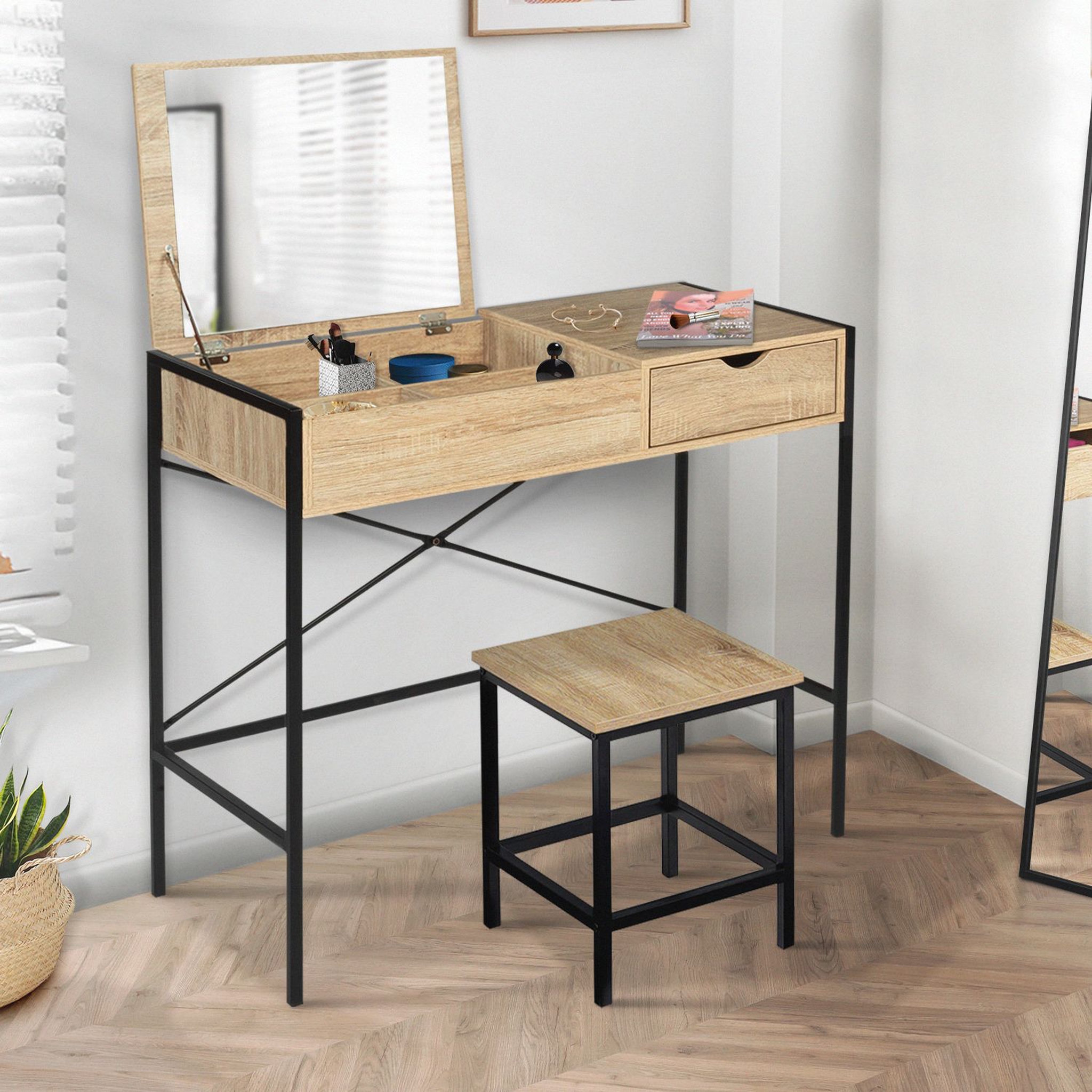Voir la diapositive 4 : Coiffeuse avec miroir rabattable et tabouret FIONA