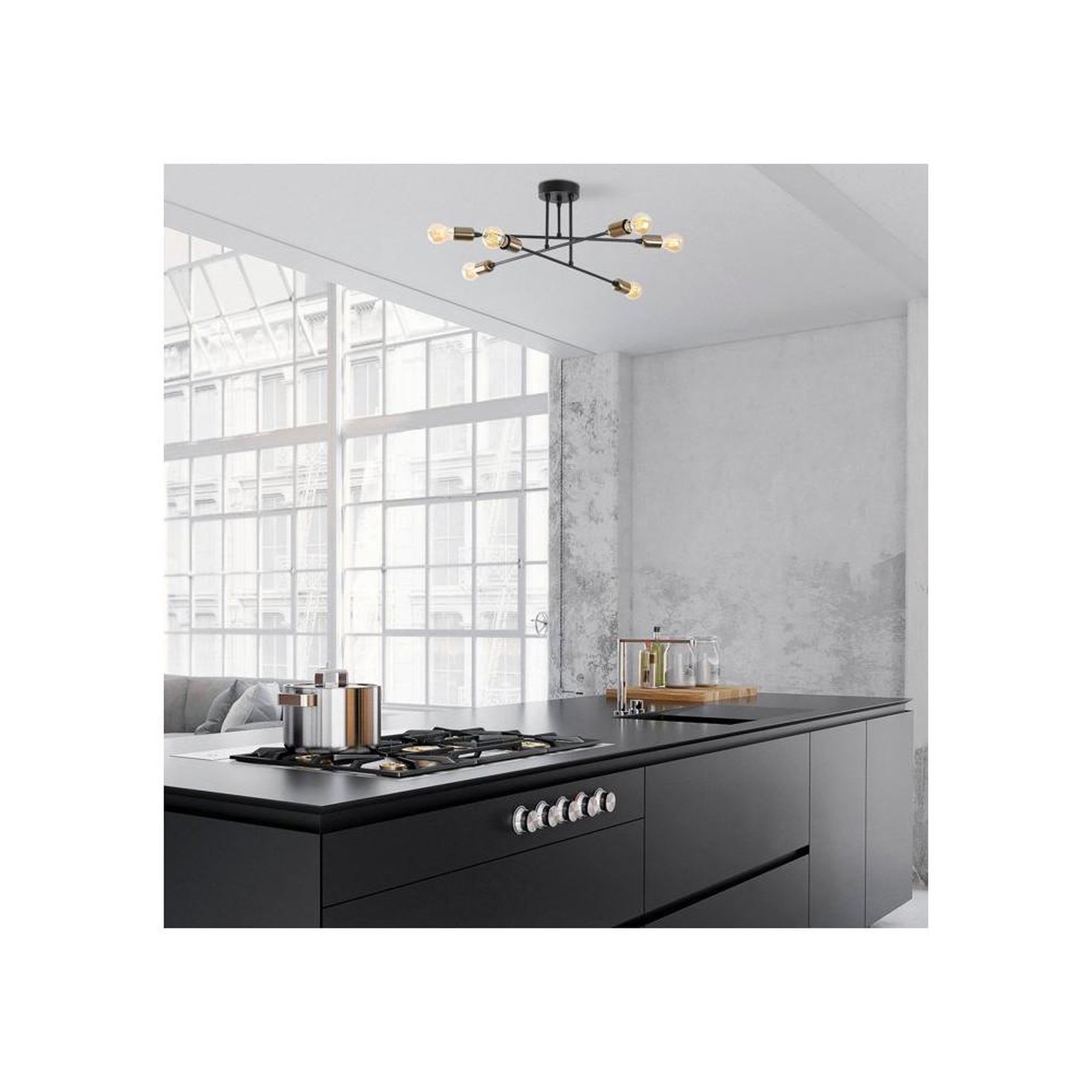 Voir la diapositive 2 : Plafonnier lustre en métal noir 6 lumières E27, 66 x 66 cm, hauteur 27 cm, IP20
