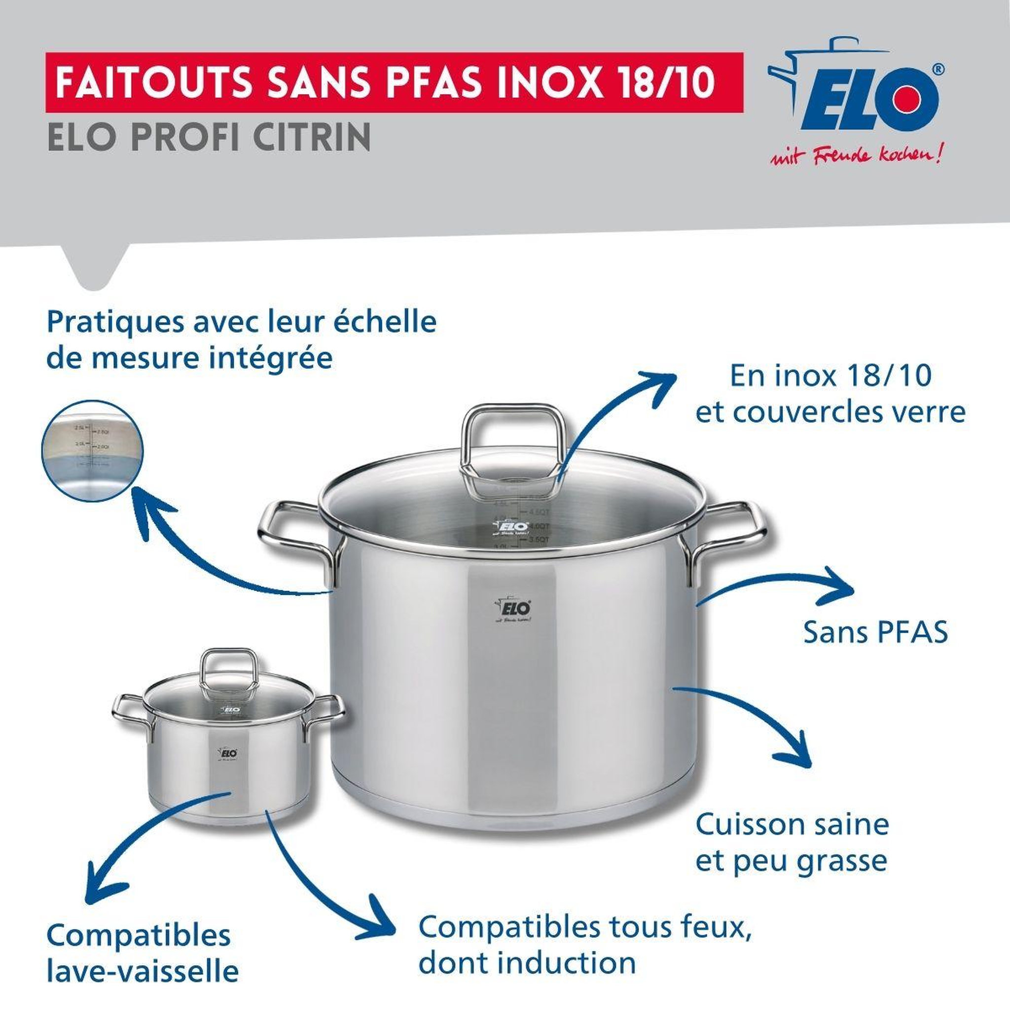 Voir la diapositive 3 : ELO Ensemble de 1 poêle de cuisson 24 cm et 2 faitouts 12 et 26 cm elo profi citrin