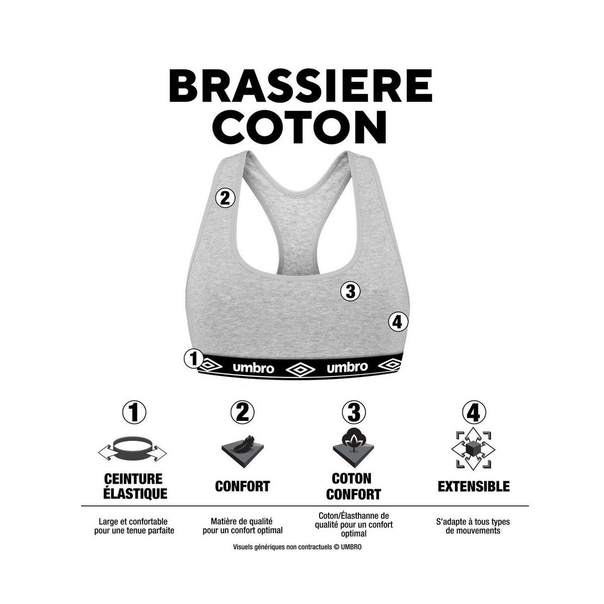 UMBRO Lot de 3 brassières femme en coton Umbro élastique Noir