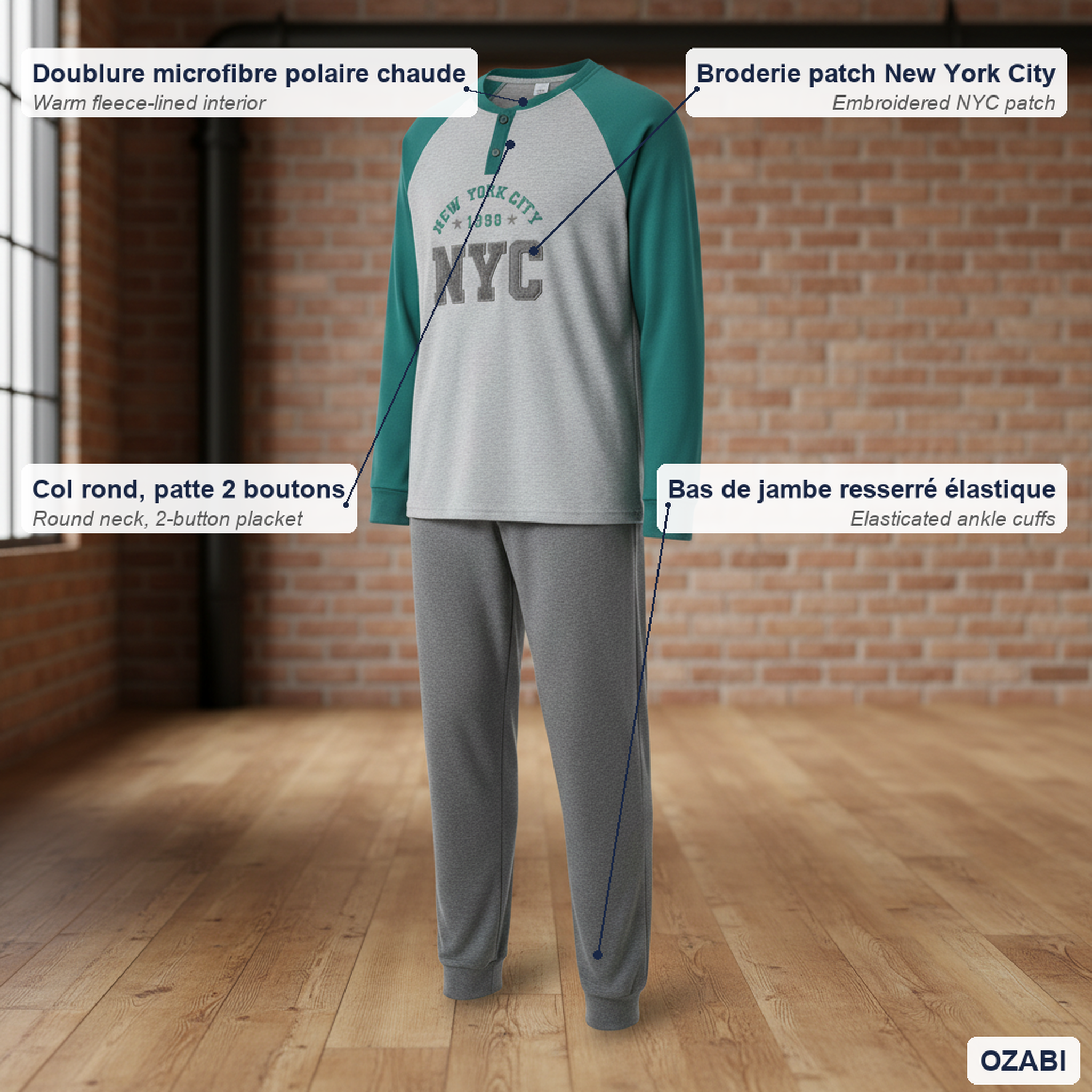 Voir la diapositive 5 : OZABI Ozabi pyjama homme doublé polaire broderie new york city