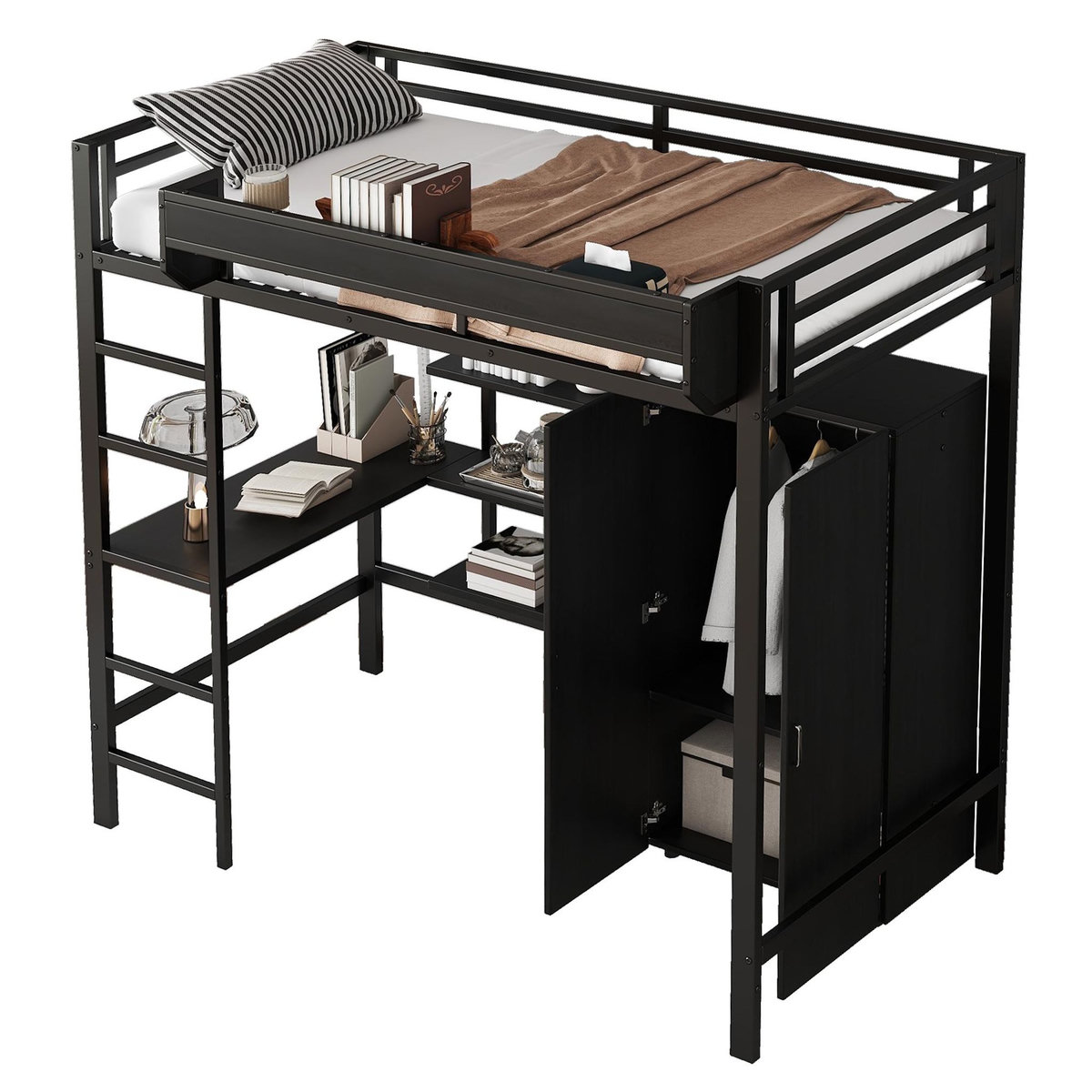 MERAX Lit mezzanine 90x200cm métal et bois coloris noir