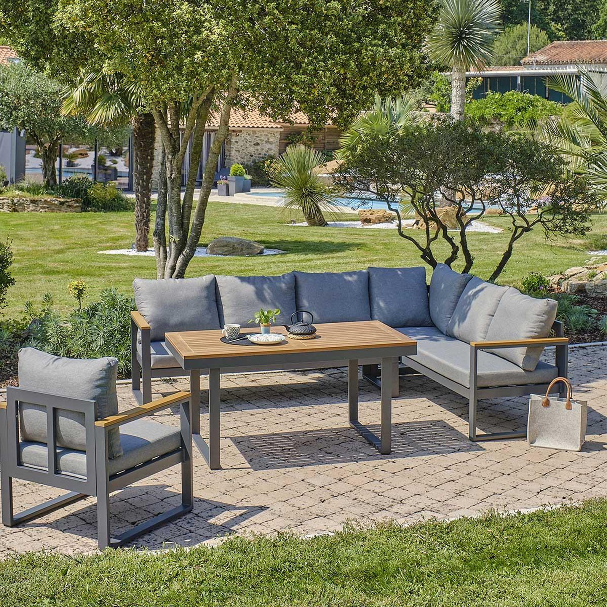 Voir la diapositive 5 : DCB GARDEN Ensemble Repas de Jardin 7 Places  Yonaha  187cm Gris Anthracite