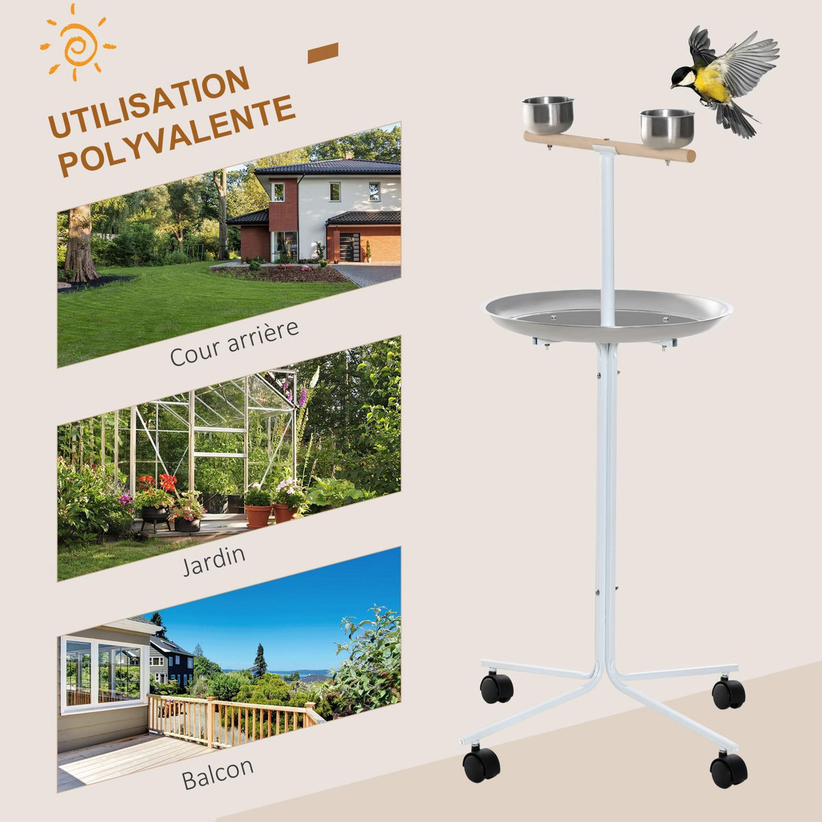 PAWHUT Perchoir sur pied pour perroquets, grandes perruches - 4 roulettes - 2 mangeoires et plateau inox, perchoir - métal blanc