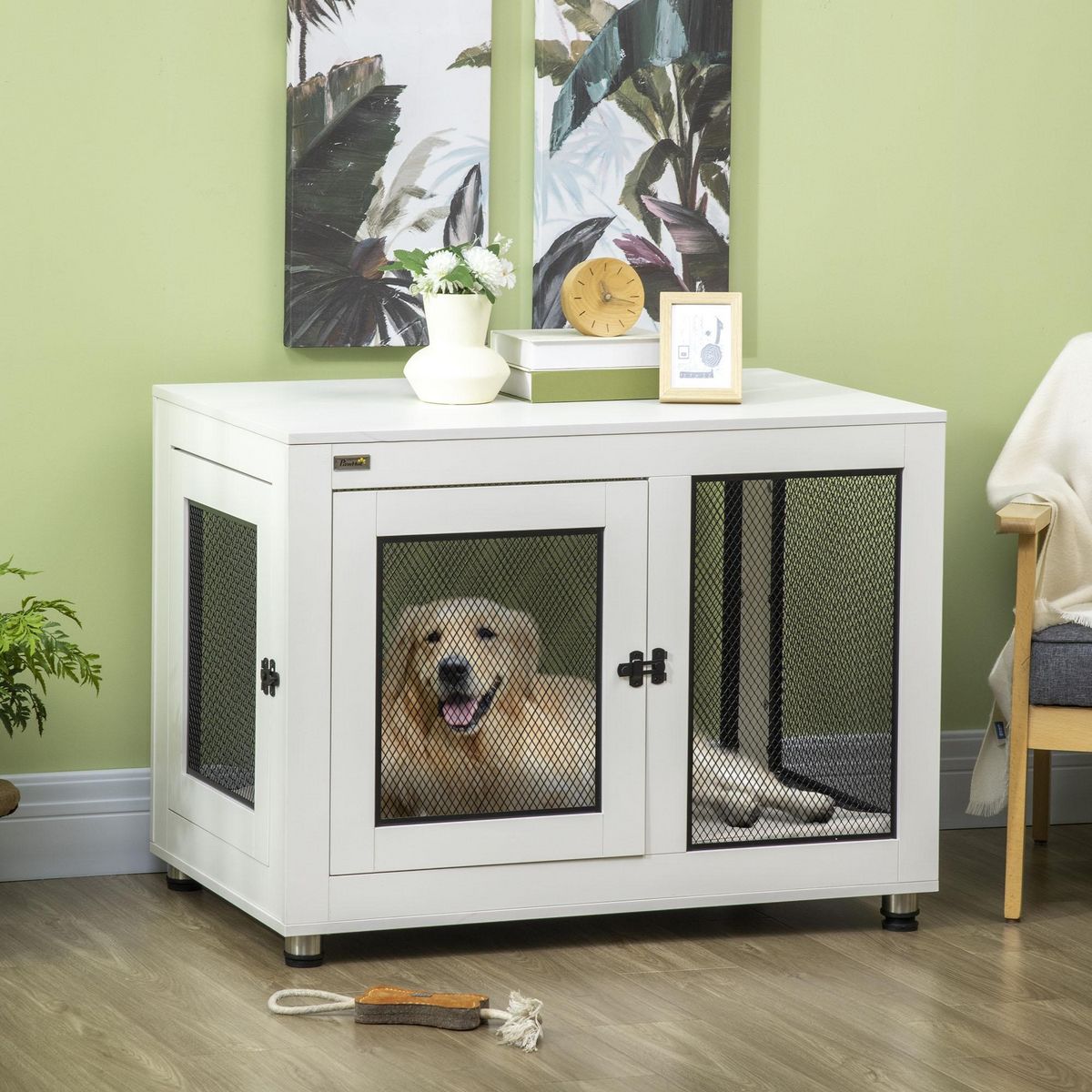 PAWHUT Cage pour chien sur pied style industriel - 2 portes verrouillables, coussin inclus - acier maillé noir panneaux aspect bois blanc