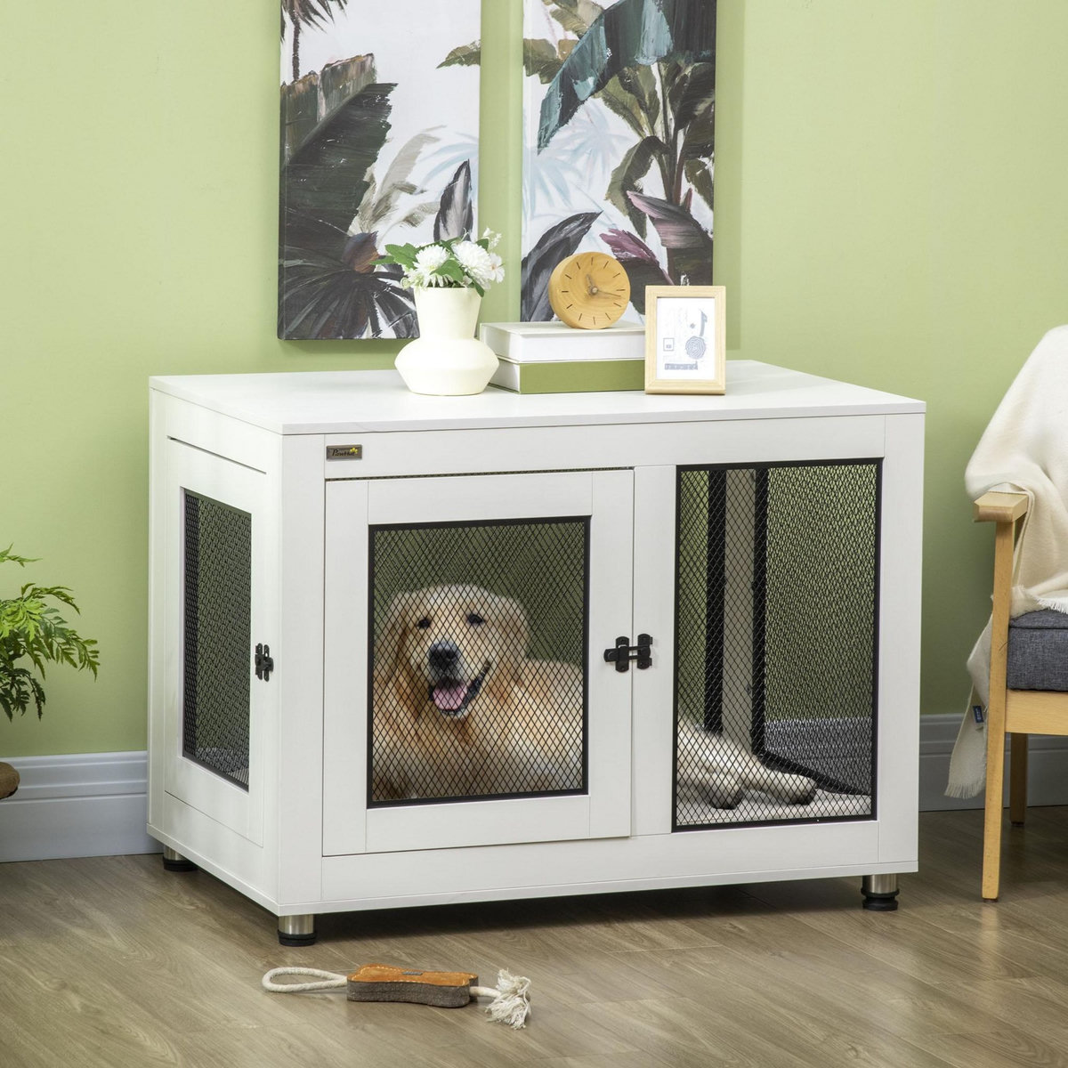 PAWHUT Cage pour chien sur pied style industriel - 2 portes verrouillables, coussin inclus - acier maillé noir panneaux aspect bois blanc