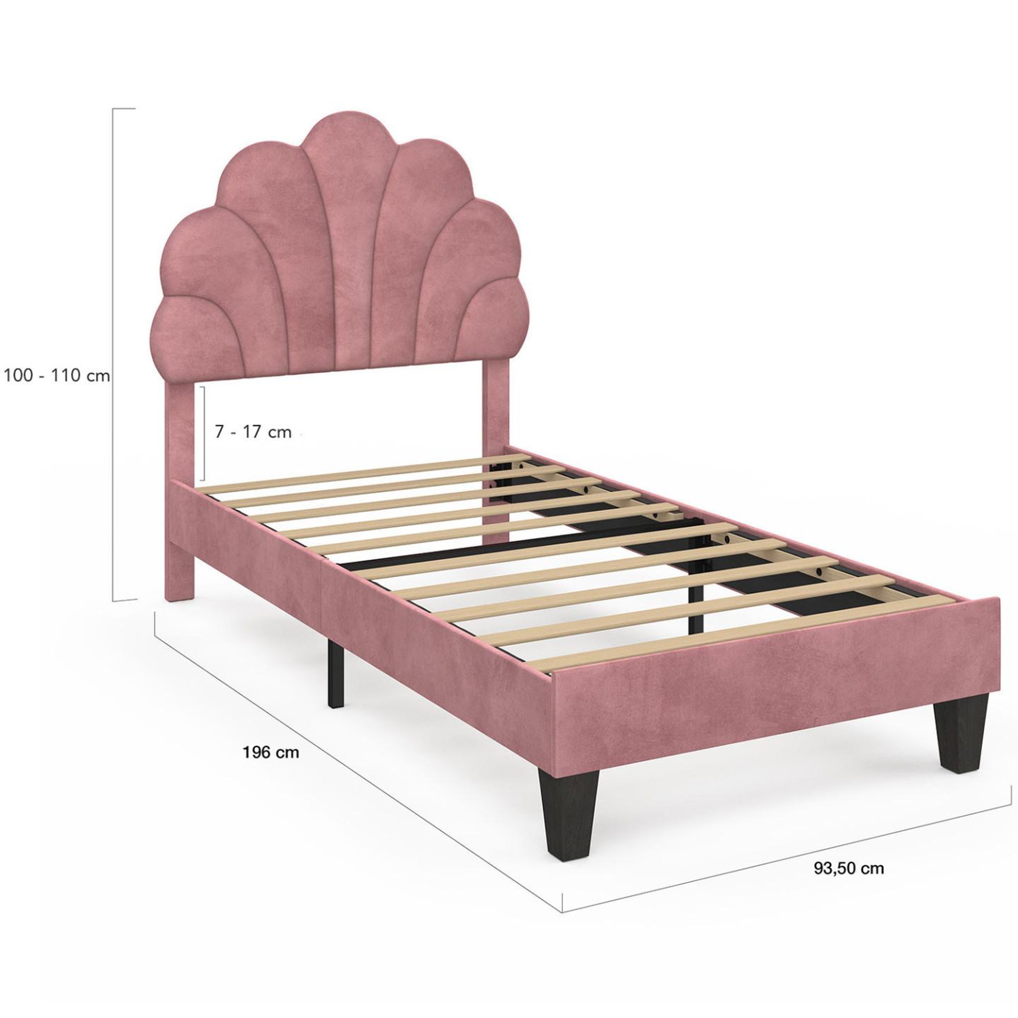 Voir la diapositive 4 : ID MARKET Lit simple coquillage 90 x 190 cm amanda avec sommier velours rose poudré