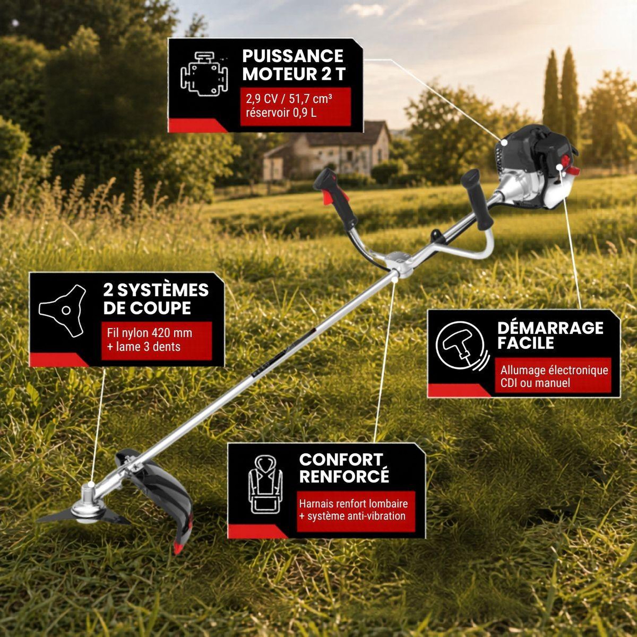 Voir la diapositive 2 : BY TONINO LAMBORGHINI GARDEN MACHINERY Débroussailleuse thermique 52cm3- 2.9cv 2t easy start coupe 42cm fil nylon + lame 3 dents système anti-vibrations lamborghini