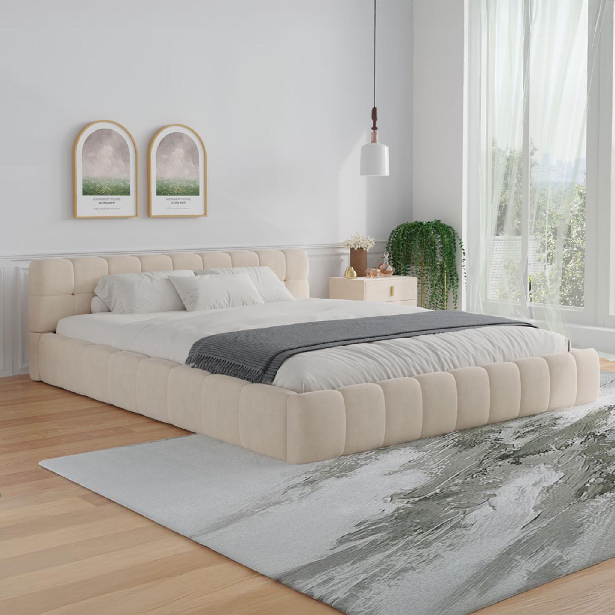 Voir la diapositive 2 : CONCEPT USINE Lit style nuage 160x200cm en velours beige kansas
