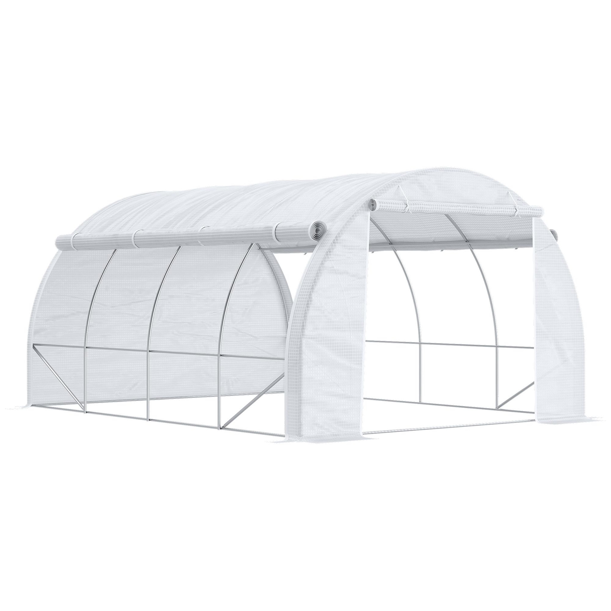 OUTSUNNY Serre de jardin 12 m² porte parois latérales zippées enroulables 8 fenêtres acier pe haute densité blanc