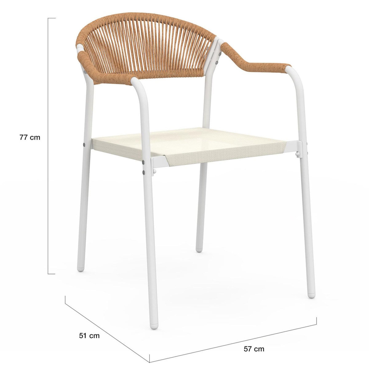 ID MARKET Lot de 6 chaises de jardin MADEIRA métal blanc cordage et textilène beige et rotin clair